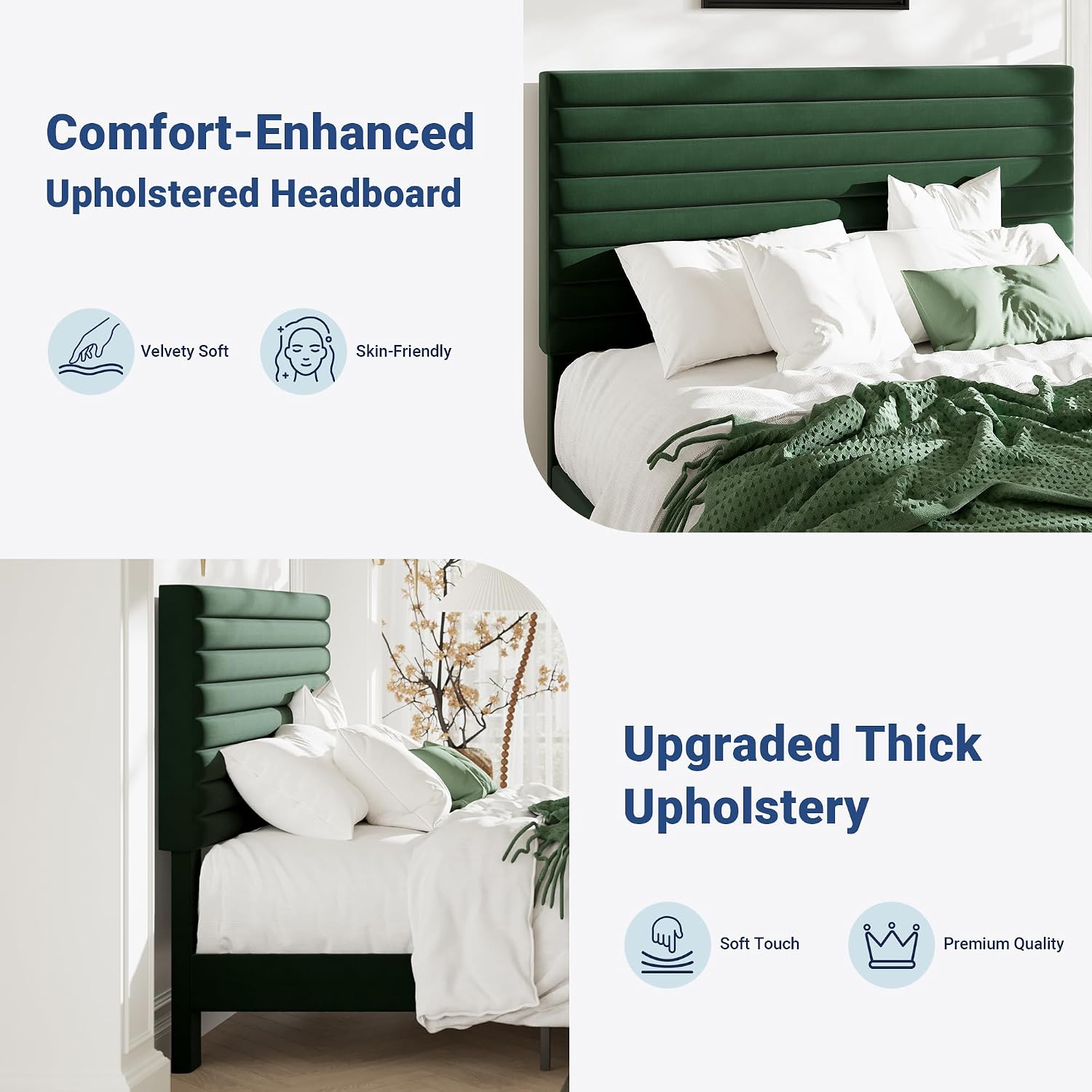 Allewie Queen Bed Frame, Velvet Upholstered Platform Bed with Adjustable Headboard, Horizontal Channel Design, Wood Slat Support, No Box Spring Needed, Noise Free, Easy Assembly, White