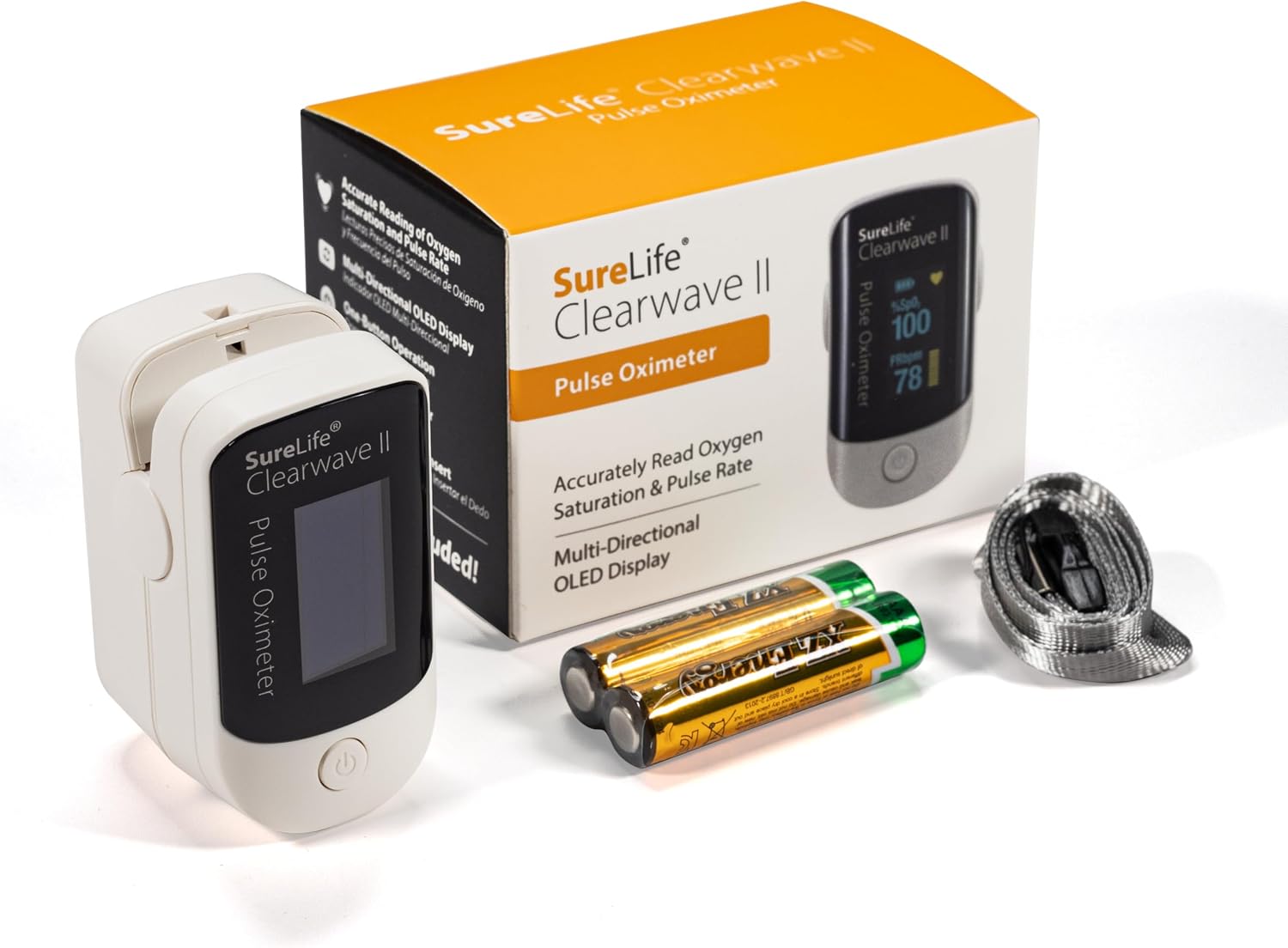 Clearwave II Pulse Oximeter | OLED Display, SpO2 Sensor, Pulse Rate Monitor, One-Button Operation, Batteries & Lanyard Included
