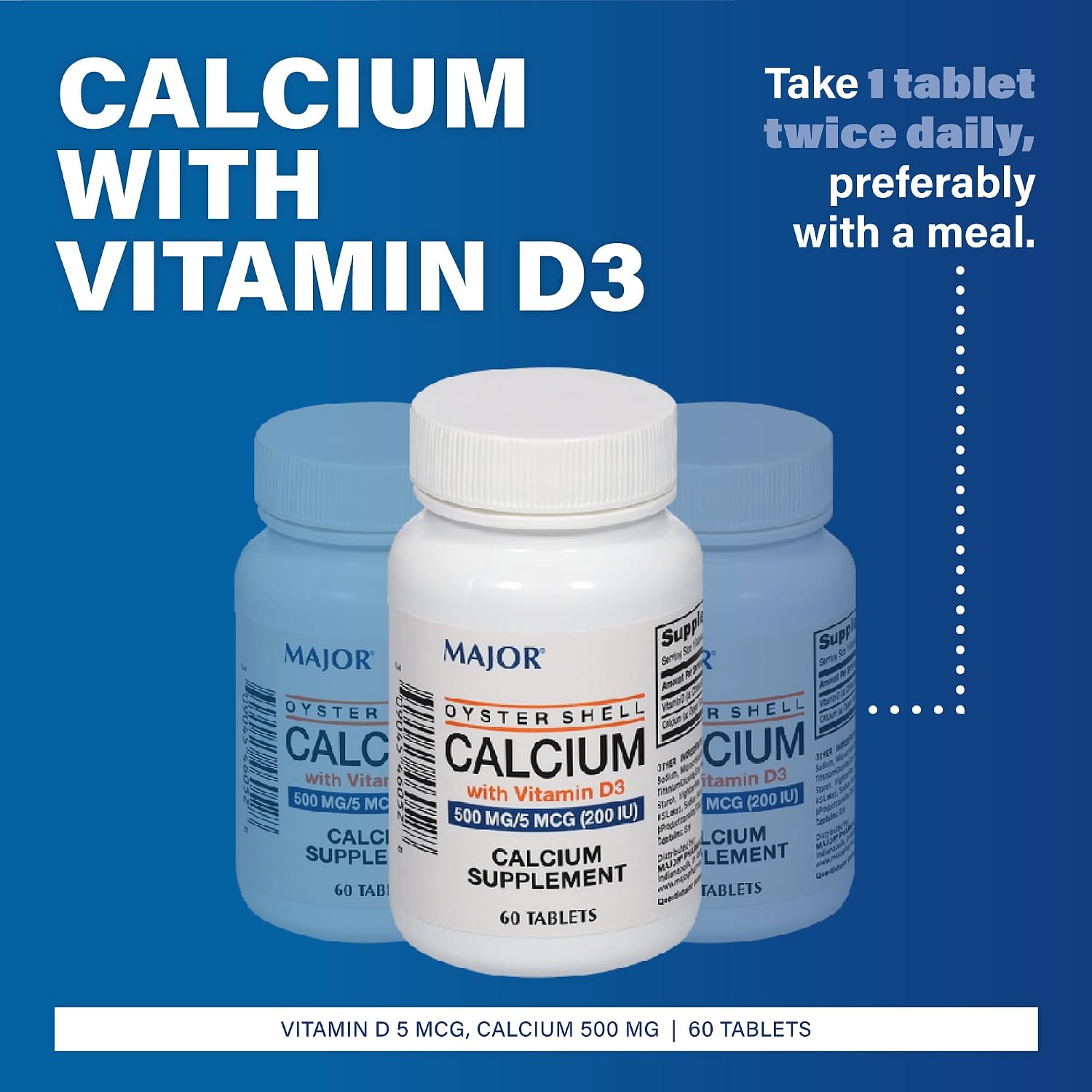 Major Oyster Shell Calcium with Vitamin D3 500 mg / 5 mcg (200 IU) - Calcium Supplement - 60 Tablets