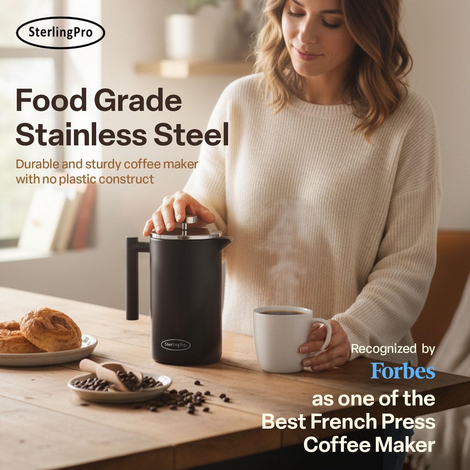 SterlingPro Large Insulated Stainless Steel French Press Coffee Maker 51oz Capacity (44 oz Brew Yield) – Double Wall Metal Coffee Press | Plastic Free | Cool-Touch | Mirror Finish | 12 Cups / 6 Mugs
