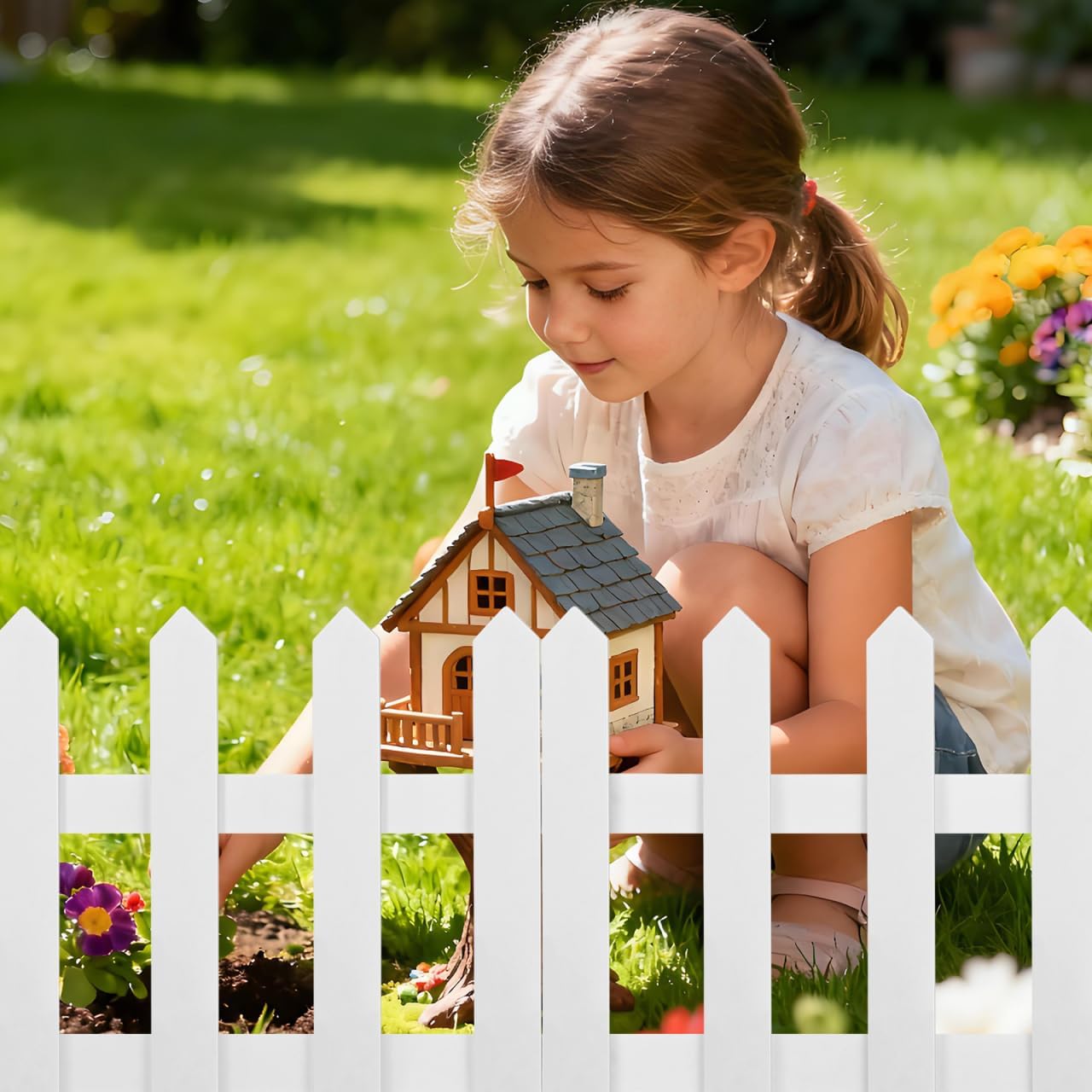 DOITOOL White Picket Fence Garden Border, Wood Decorative Garden Fence Animal Barrier Landscape Fencing Border for Dogs, Flower Bed