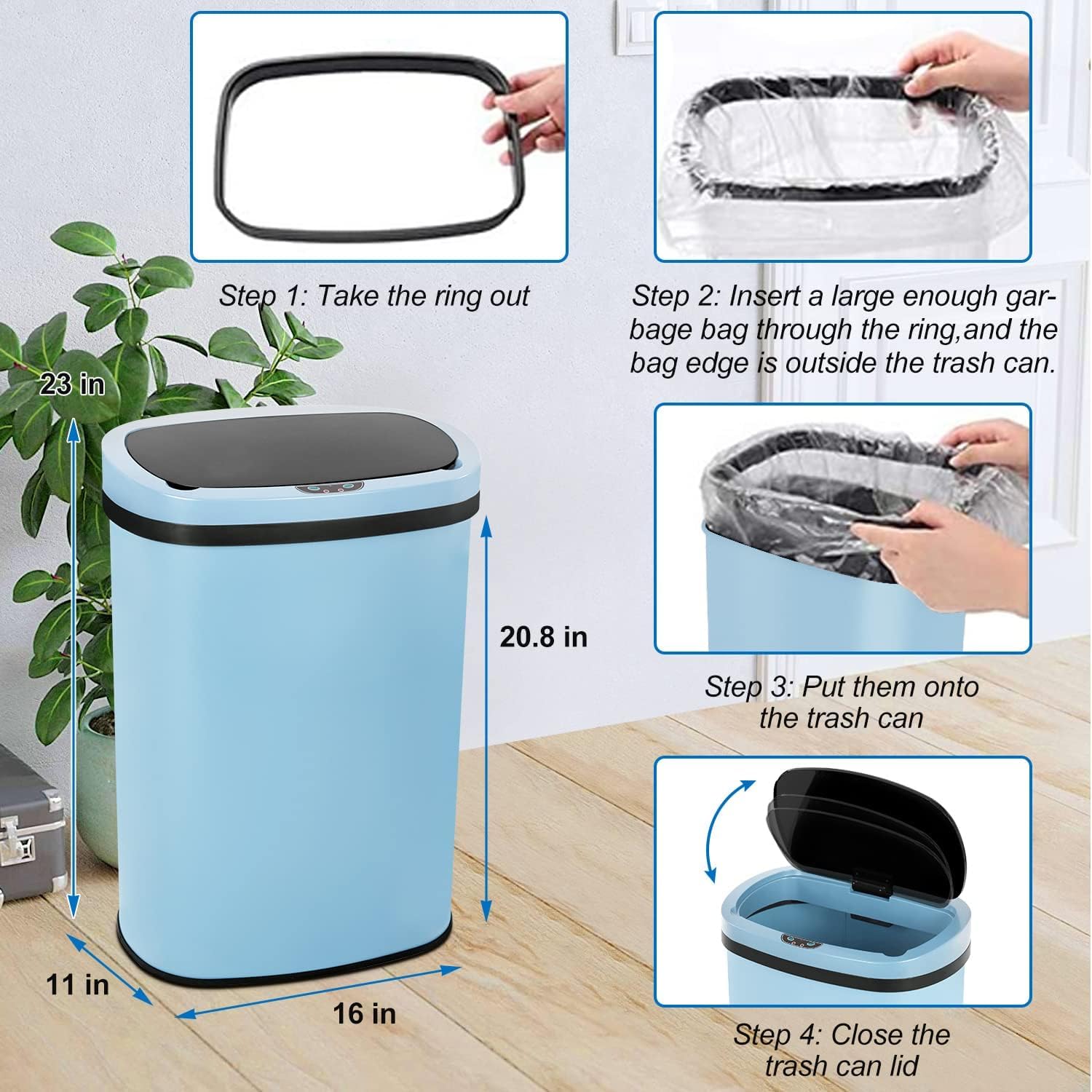 Kitchen Trash Can | Stainless Steel 13 Gallon Trash Can | 50L Touch Free Garbage Can with Lid | Electronic Sensor High Capacity Trash Bin for