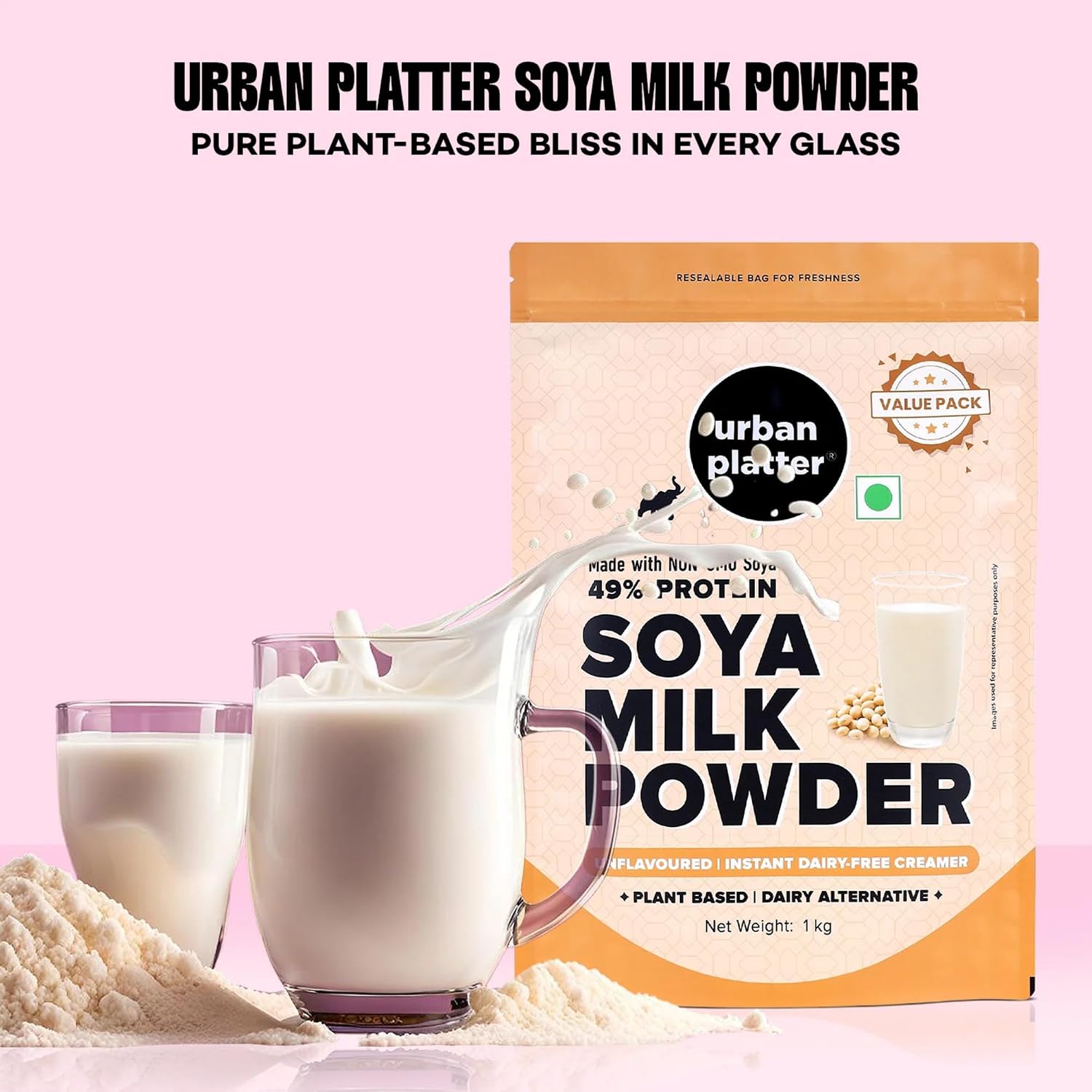 Urban Platter Soya Milk Powder | 35.27 Oz (1kg) | 49% Plant Protein | Unflavored Soy Milk for Coffee, Tea, Smoothies, Baking & Cooking | Non-GMO, Dairy-Free, Vegan