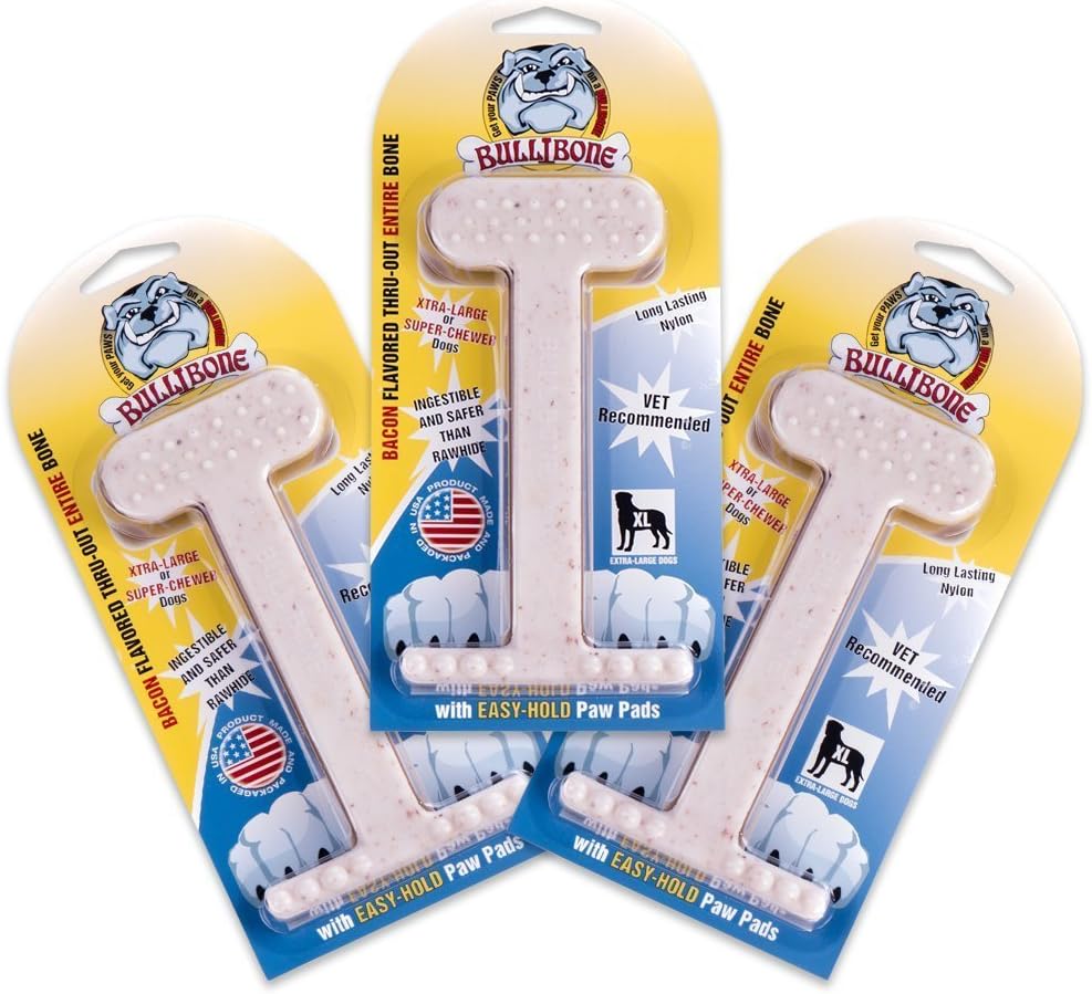 Bullibone Nylon Dog Chew Toy for Aggressive Chewers - Dental Hygiene Bone with Beef Flavor, Durable Tough Chew Toys for Small Dogs, Indestructible Dog Bone - 3 Pack