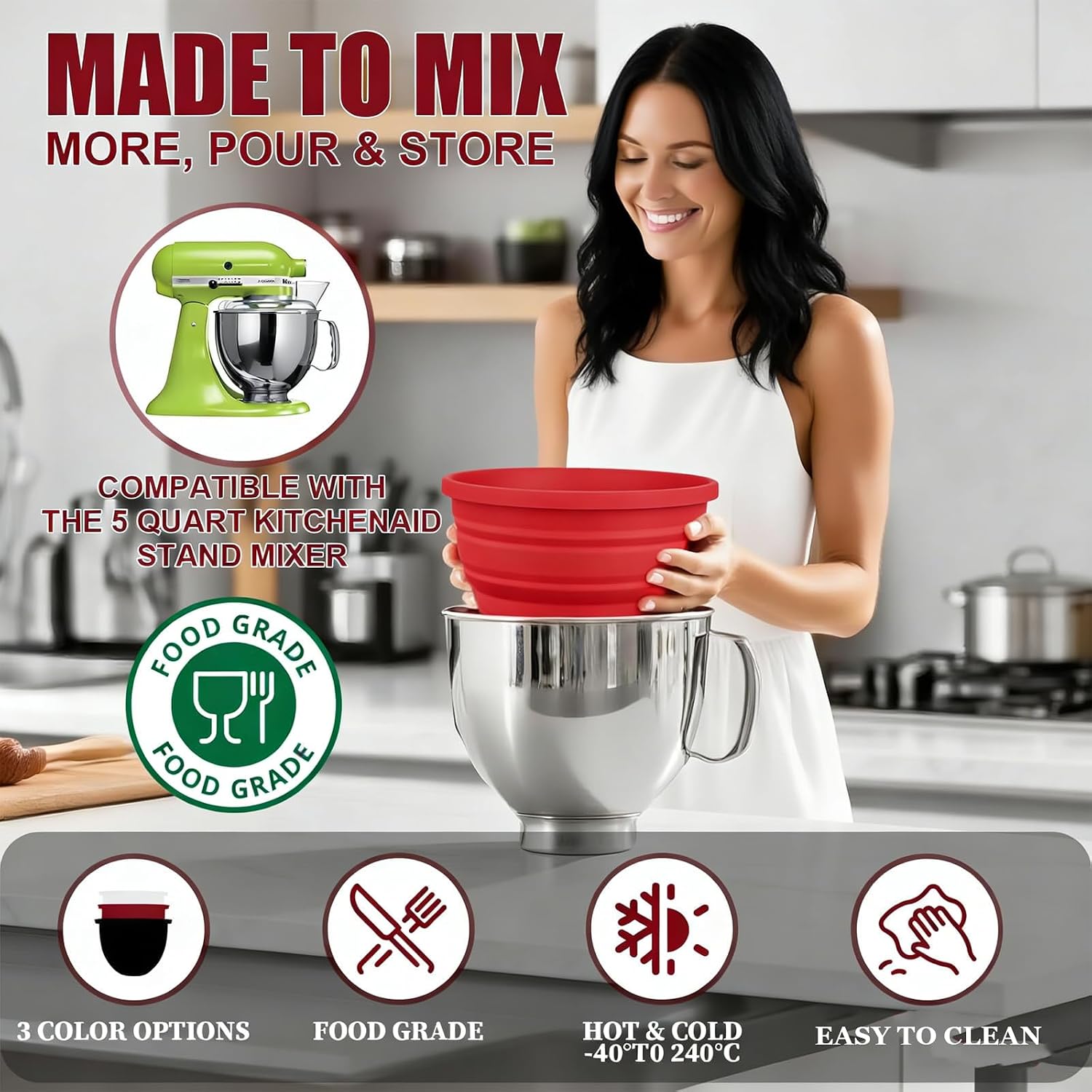 Silicone Liners for KitchenAid 5 Qt Tilt-Head Stand Mixer, Odourless,Thicker, Cold/Heat-Resistant & Non-Stick, Easy Clean, Fits 5 Quart Mixing Bowl, with Lids (1, Black)