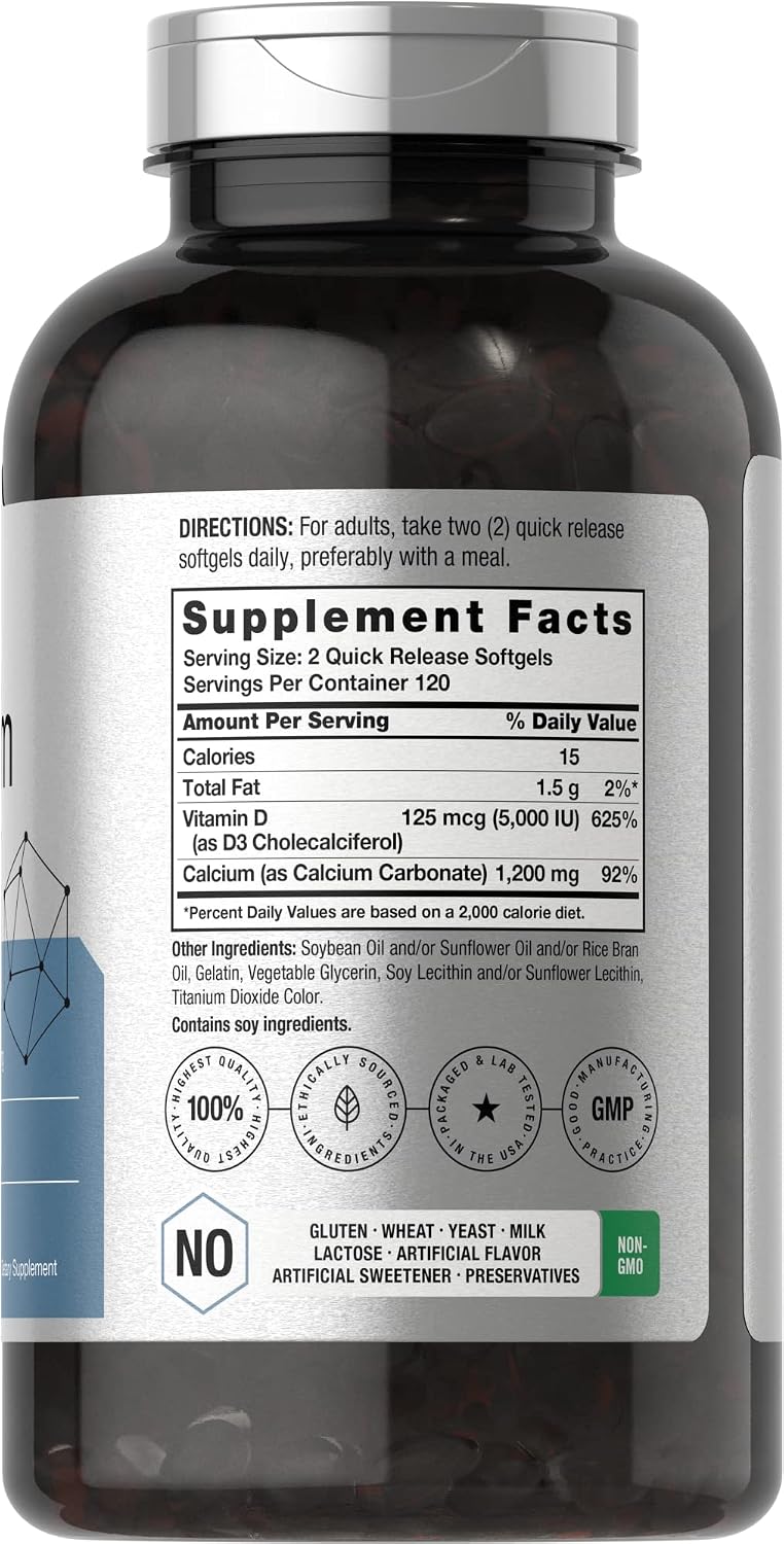 Horbäach Calcium 1200 mg with Vitamin D3 | 240 Softgels | 5000IU Vitamin D3