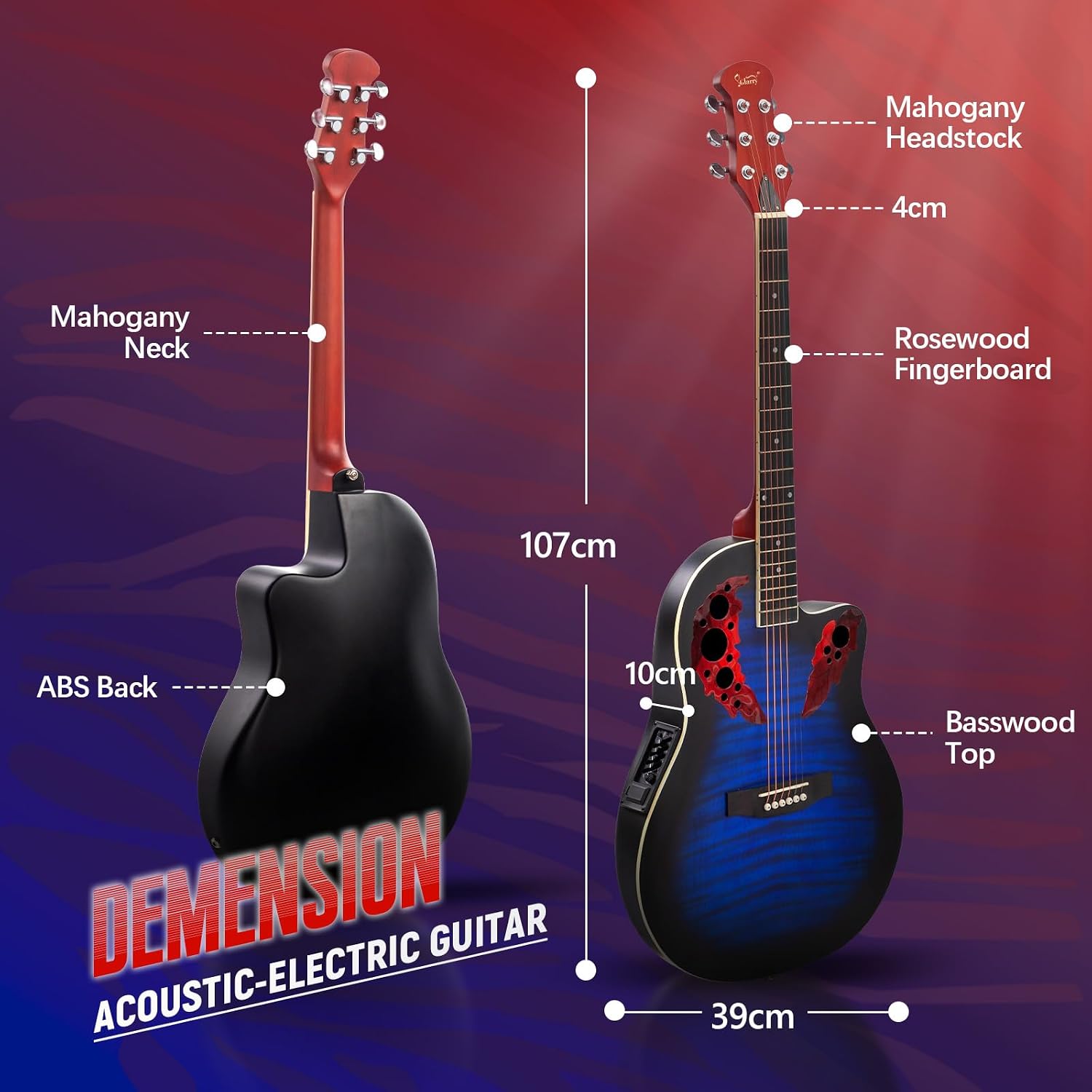 GLARRY 41in Acoustic Electric Guitar, Unique Round-back Design, 6 String Cutaway Guitar Beginner Kit with 15W Amp, EQ, Bag, Strap, Picks, Strings (Black With AMP, Full-Right Handed)