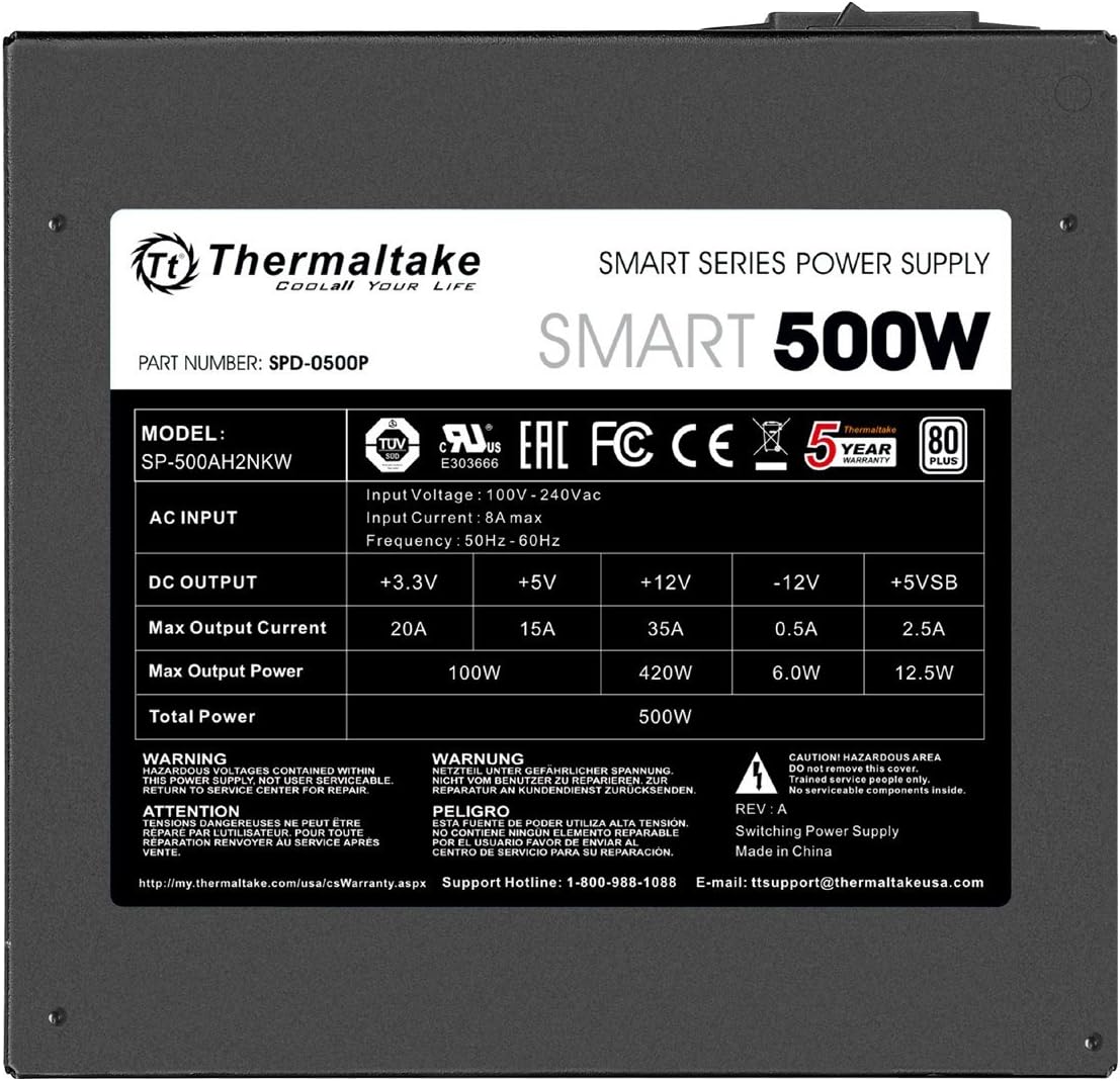 Thermaltake Smart 500W 80+ White Certified PSU, Continuous Power with 120mm Ultra Quiet Cooling Fan, ATX 12V V2.3/EPS 12V Active PFC Power Supply PS-SPD-0500NPCWUS-W