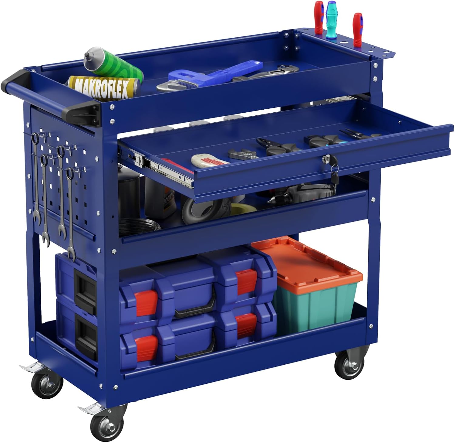 3-Tier Heavy Duty Utility Cart on Wheels, Rolling Tool Cart on Wheels with a Drawer, 350 Lbs Load Capacity Service Cart for Warehous, Garage and Repair Shop (Black)