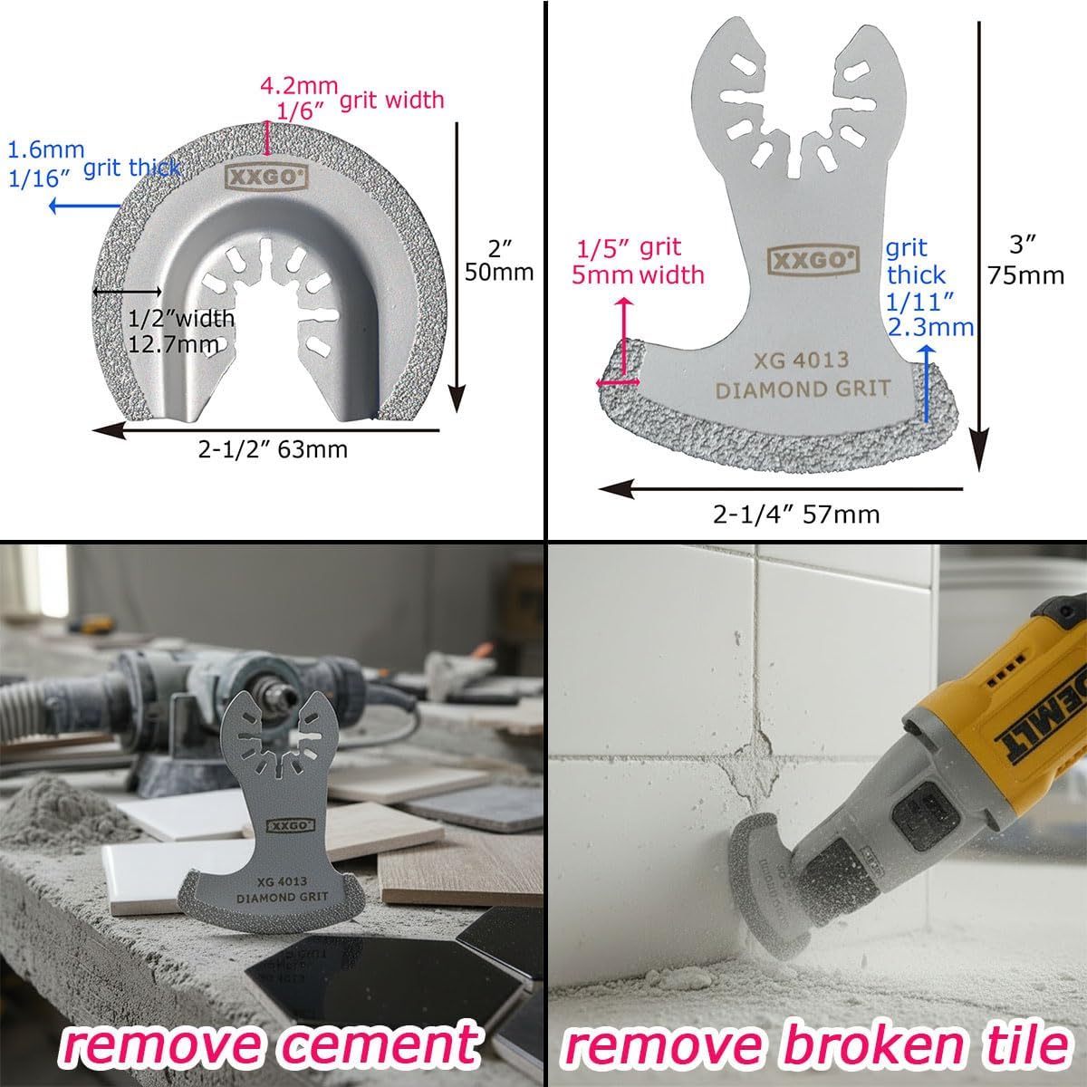 XXGO 4 Pcs Oscillating Multi Tool Diamond Grout Removal Blades XG4002D