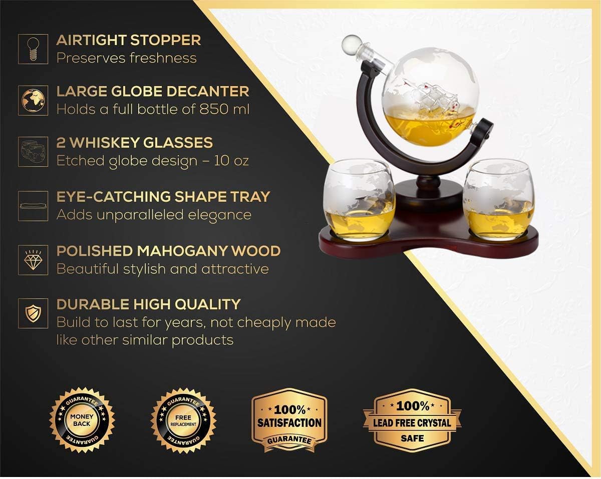 Whiskey Globe Decanter Set with 2 Glasses in Gift Box - Whiskey decanter for Liquor, Whiskey, Brandy, Gin, Rum, Tequila, Vodka