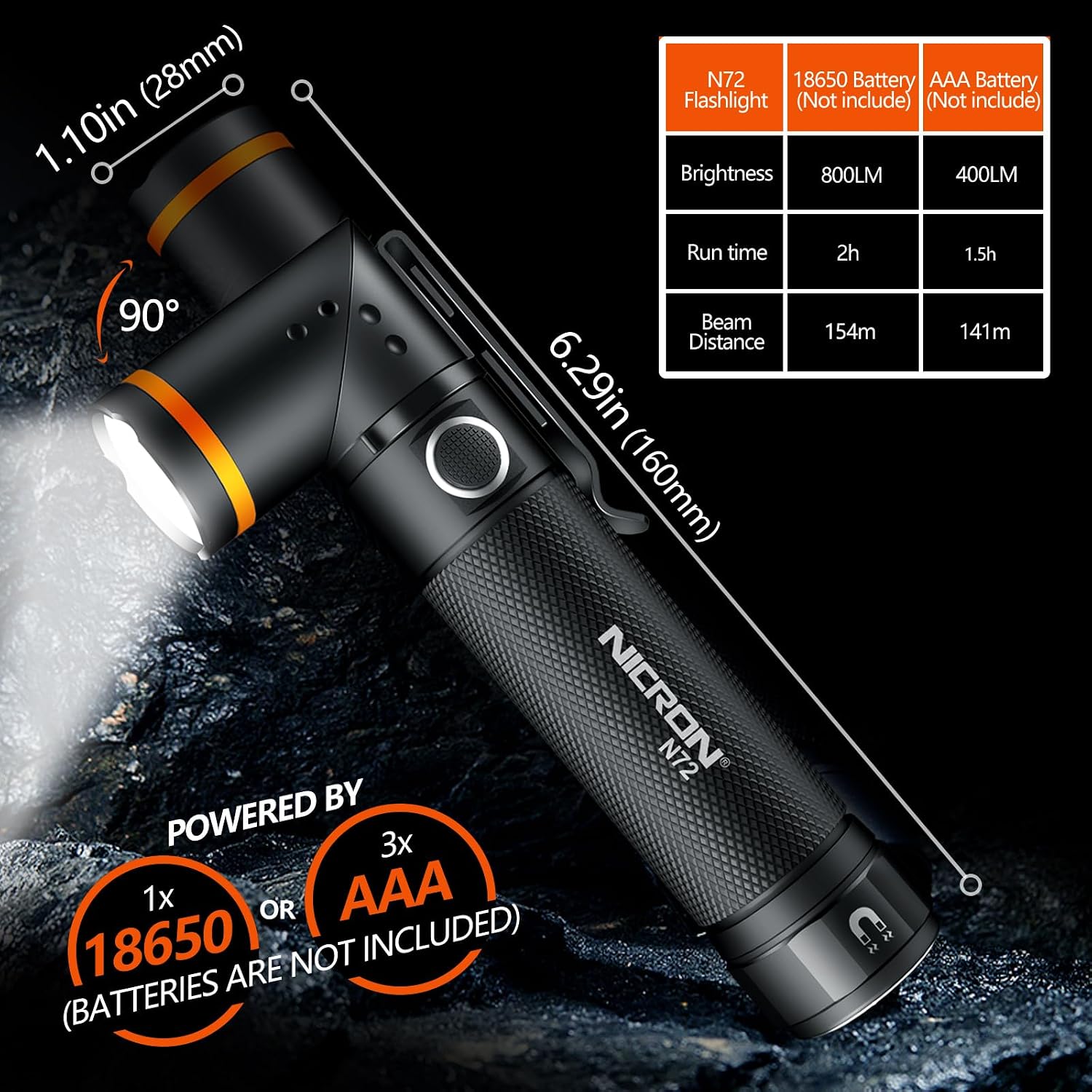 NICRON Flashlight, N72 800 Lumens Tactical Flashlight, 90 Degree Flashlight IPX4 Waterproof Led Flashlight 4 Modes- Best High Lumens are for Camping