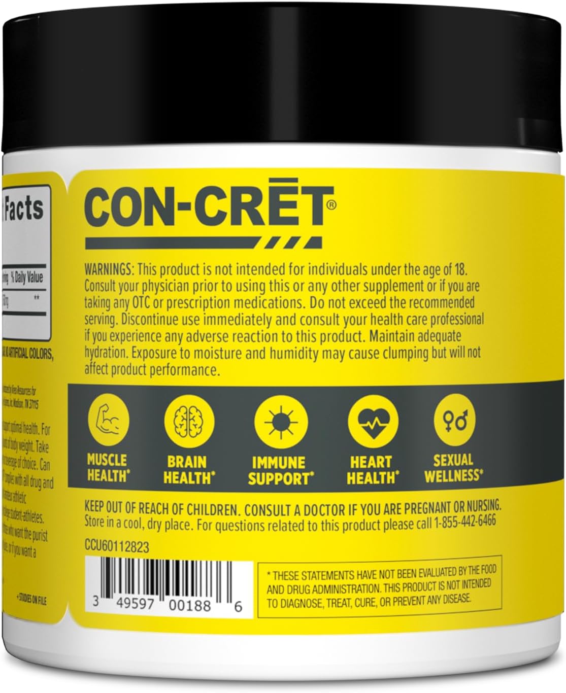 CON-CRET Creatine HCl Powder for Women and Men, Unflavored, 64 Servings | No Bloating or Water Retention, Muscle, Strength & Cognitive Support, USA Made, NSF Certified