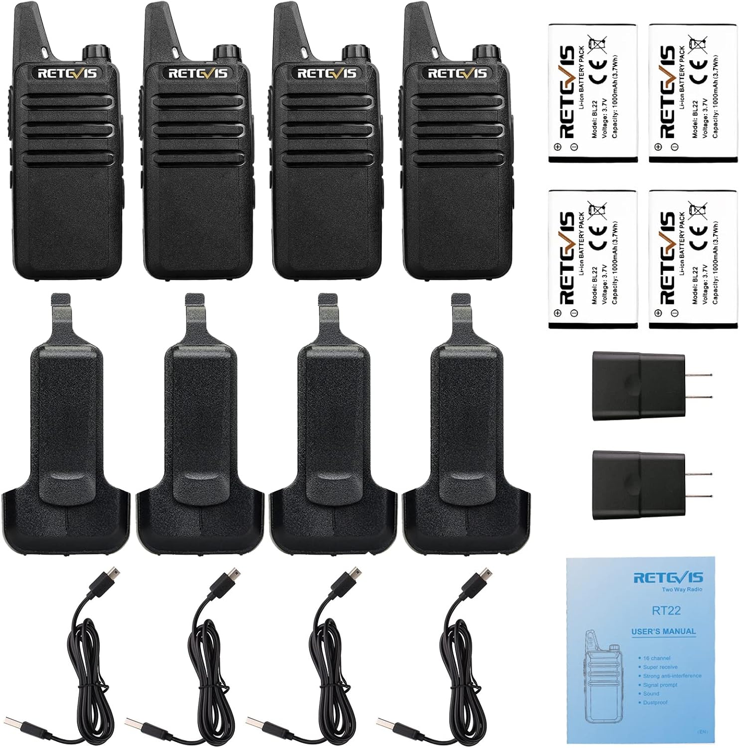Retevis RT22 Compact & Lightweight FRS Walkie Talkies Long Range (4 Pack) | For Small Business, Camping, Hiking, Cruise, Safe Short Antenna, Comfortable to Carry, Loud & Clear Audio, USB-C