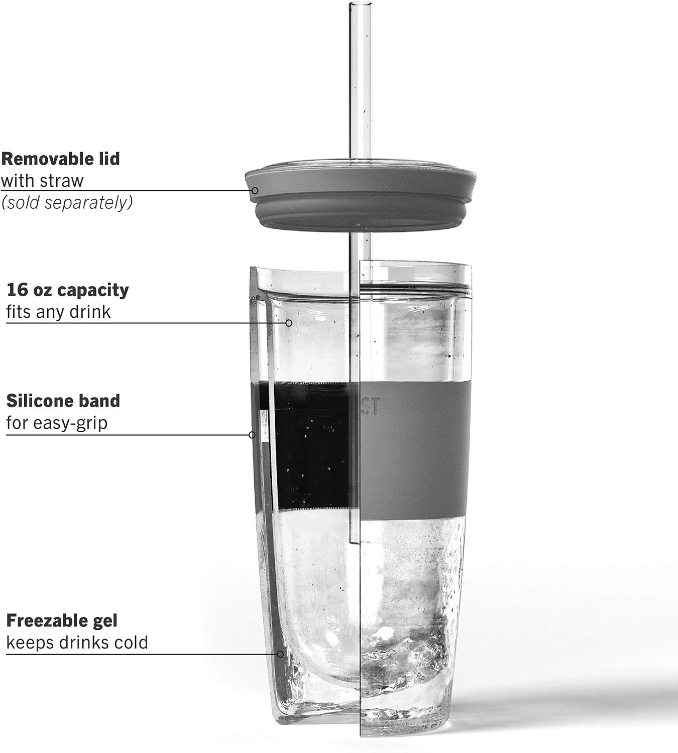 HOST Double Wall Insulated Freezable Drink Chilling Tumbler with Freezing Gel Glasses for Red and White Wine, Straw and Lid, Plastic, 16 oz, Grey