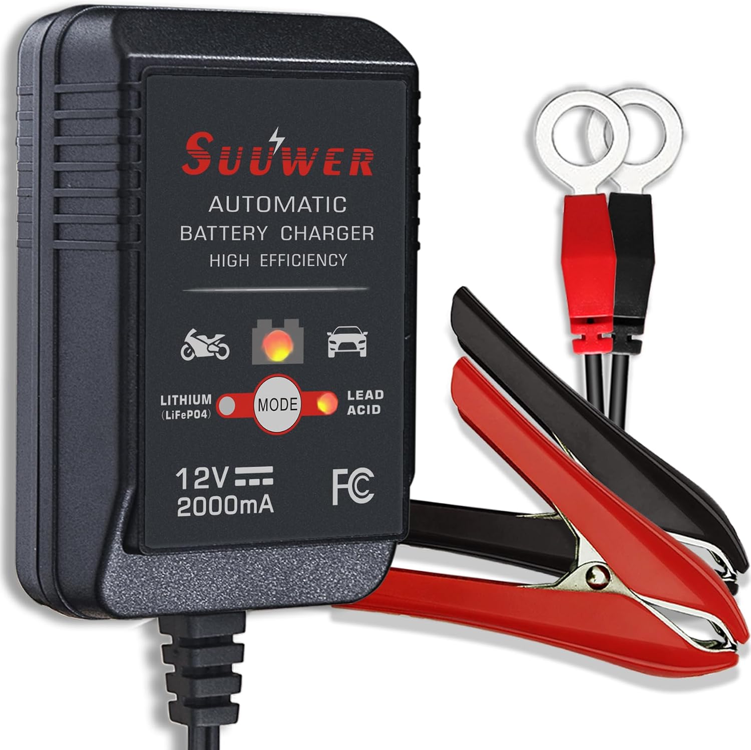 Suuwer Automatic Trickle Battery Charger, 12V 2000mA Battery Maintainer | for Car Motorcycle ATV Boat and More, With 12FT DC Cable
