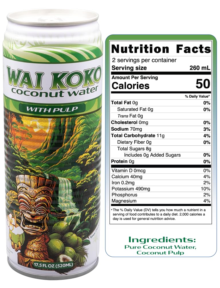 Wai Koko Coconut Water with Pulp, 17.5 Fl Oz Cans (Pack of 12) | Real coconut pulp in 100% pure coconut water