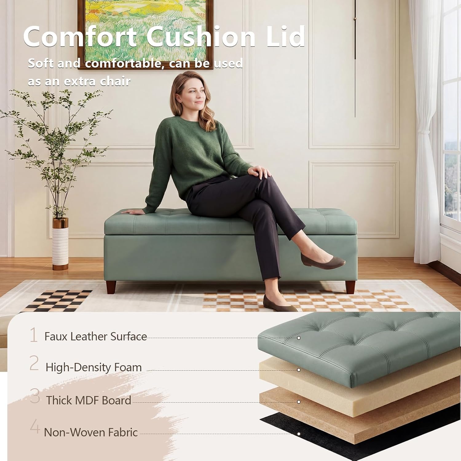 51 Inch Storage Bench,Leather Tufted Storage Ottoman with Legs | Safety Hinges,Wooden Legs,Upholstered,End of Bed,Bedroom,Living Room,Entryway,330LBS,Brown