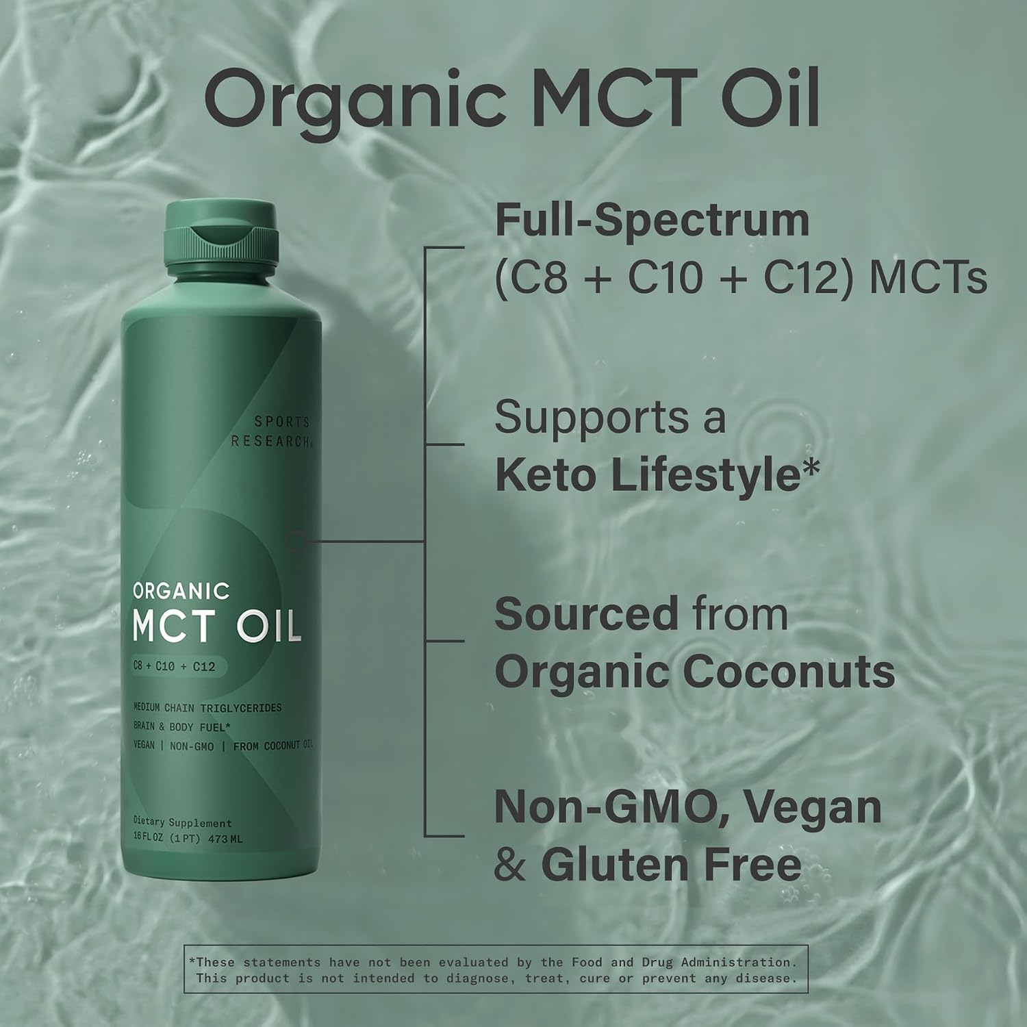 Sports Research® Organic Coconut MCT Oil 32oz, Unflavored | Brain & Body Fuel | Great in Keto Coffee & Protein Shakes | Vegan, Keto, Non-GMO - 63 Servings