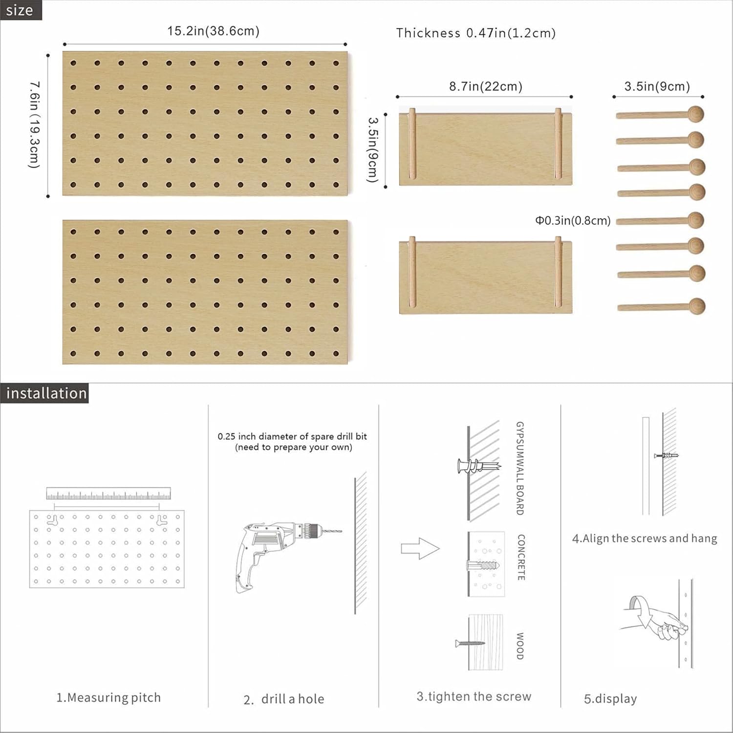 Wooden Pegboard Modular Display Organization Storage Wall Hooks Shelf(Color:Oak)