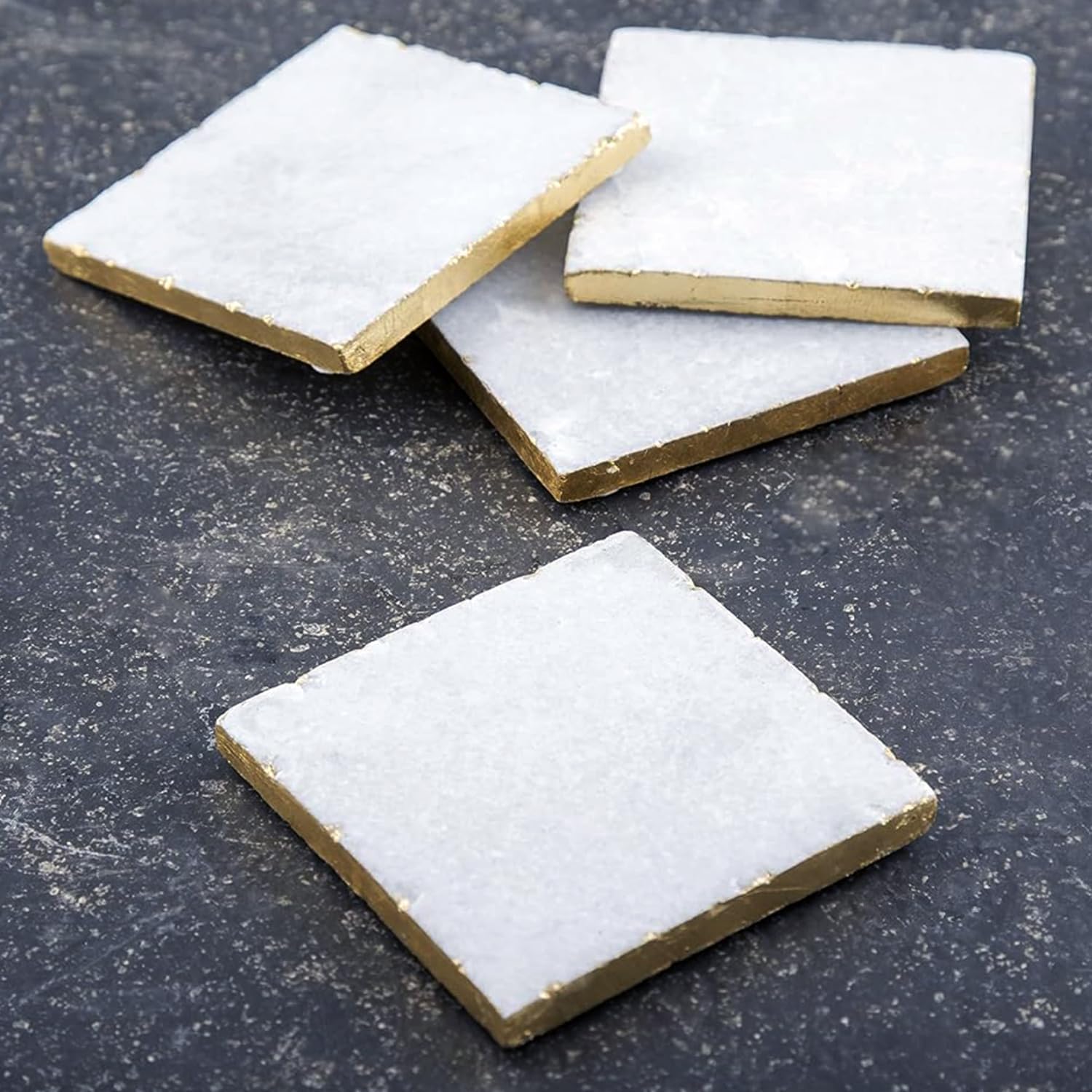 Thirstystone Square White Marble/Gold Edged Coasters (Set of 4), Multicolor | 4" Square, Non-Slip Feet, Absorbent, Elegant