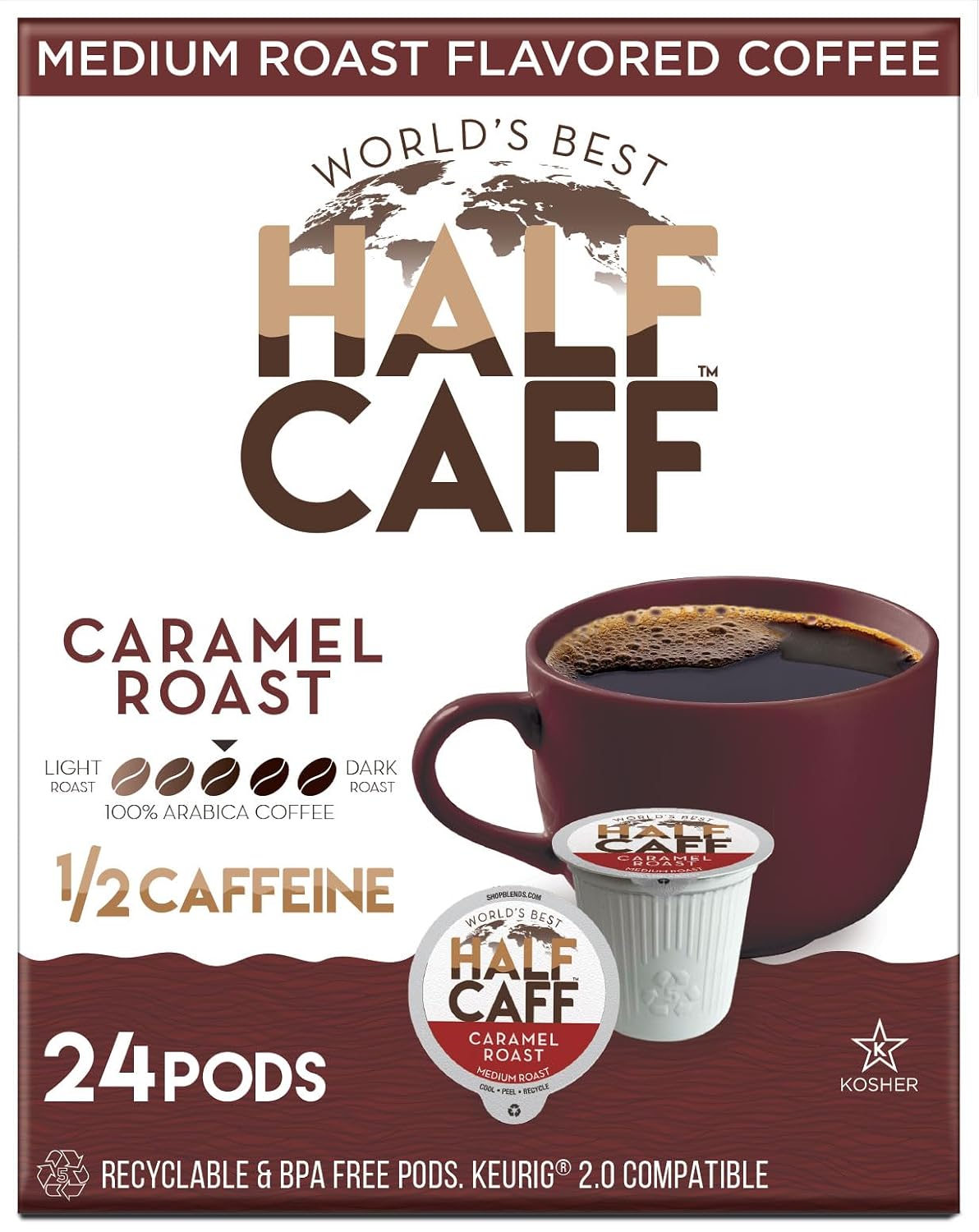 World's Best Half Caff Dark Roast Coffee Pods 100ct Keurig Compatible | 100% Arabica Coffee Single Serve Capsules & Pods Compatible with Keurig K-Cup Coffee Makers