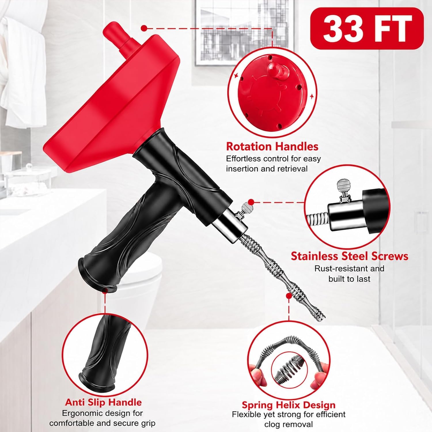 Drain Snake Auger, 33 Feet Plumbing Snake Drain Hair Clog Removal Tool, Heavy Duty Snake Auger