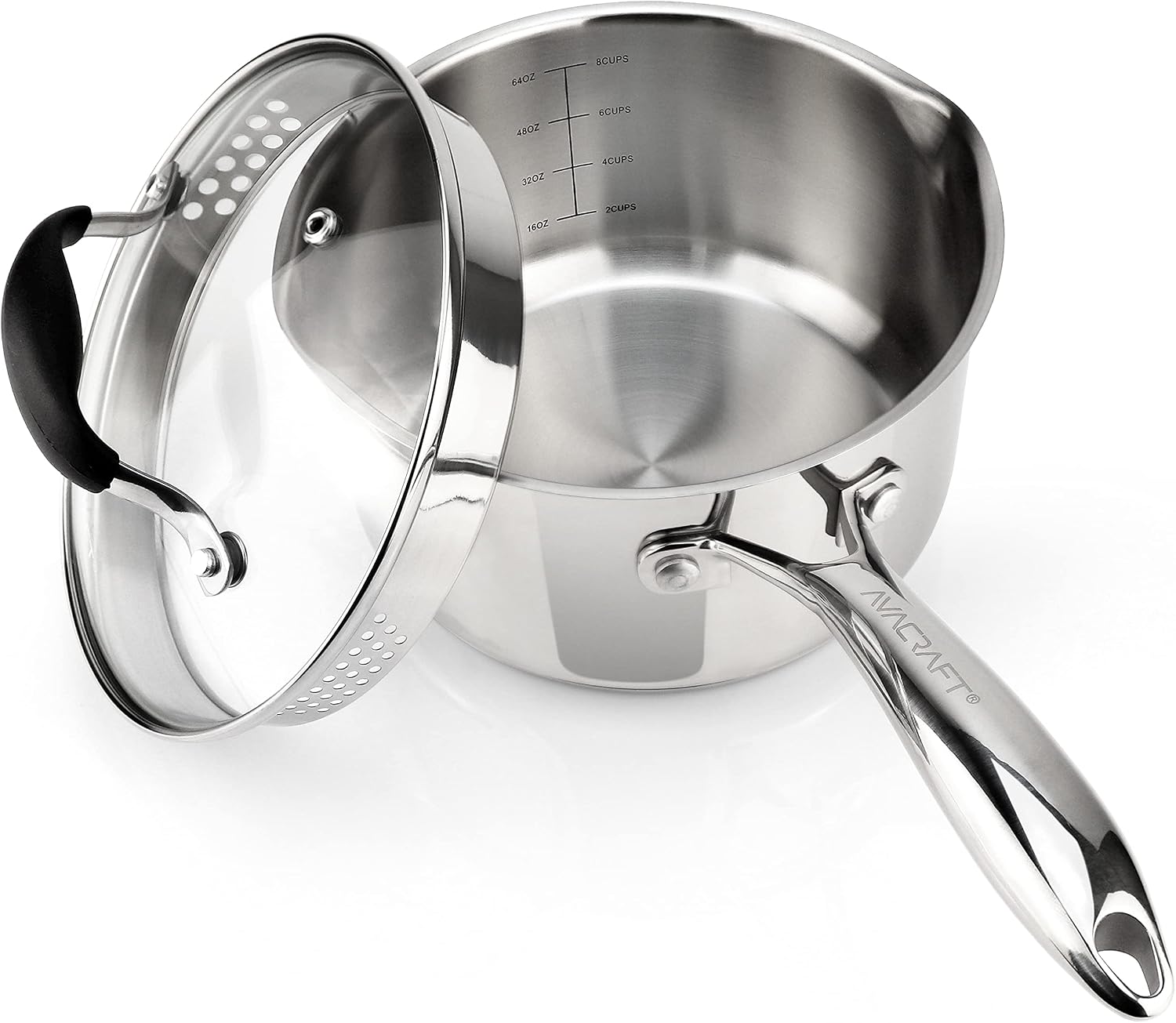 AVACRAFT 2.5 Quart Stainless Steel Saucepan with Glass Strainer Lid | 18/10 Stainless Steel, 5-Ply Capsule Base, Dual Pour Spouts, Induction Compatible, Ergonomic Handle, Dishwasher Safe