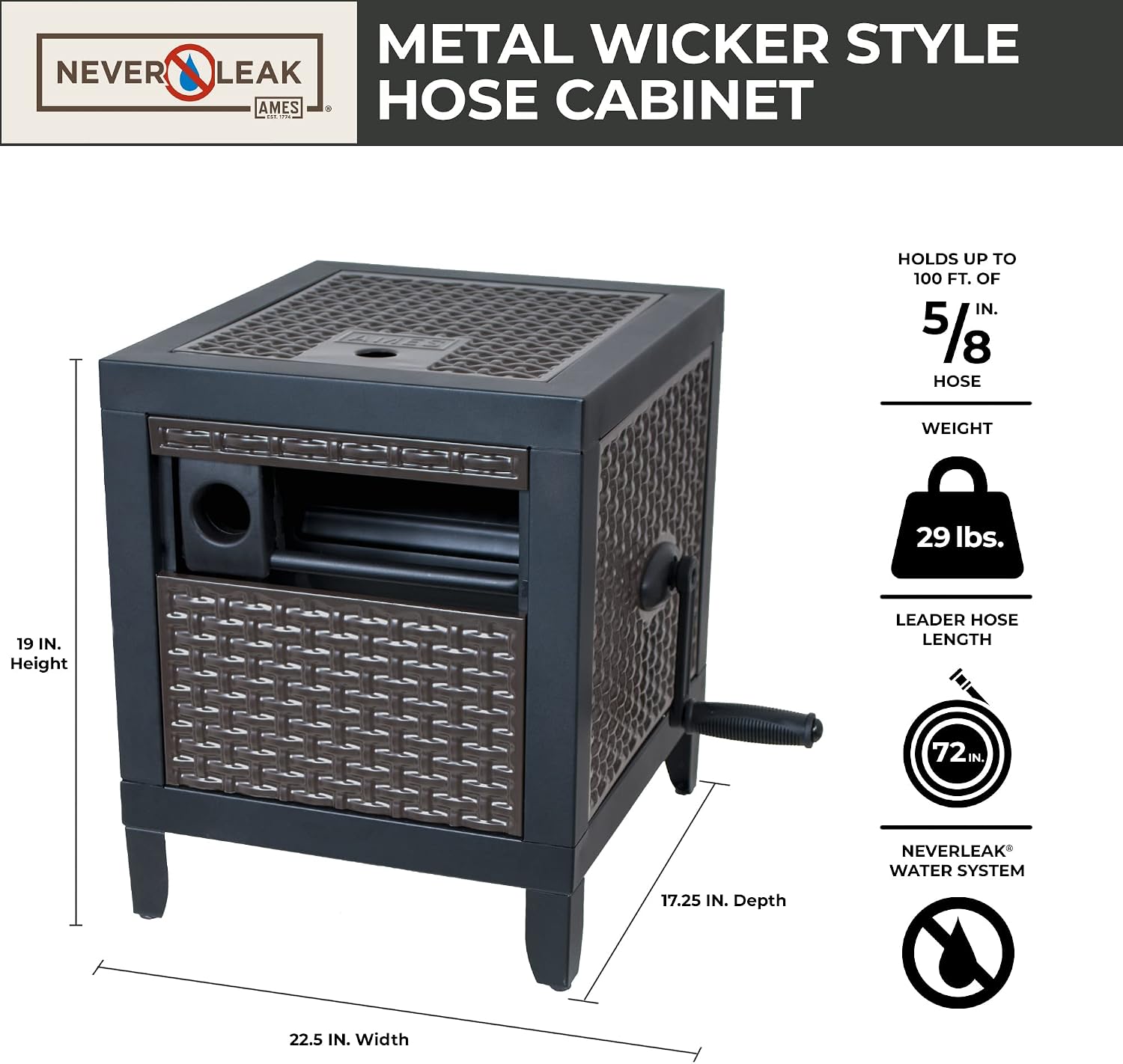 AMES NeverLeak Hose Reel Cabinet Box, 100 Ft. Capacity, Decorative with Wicker Look, Auto Track Rewinding, Black Metal