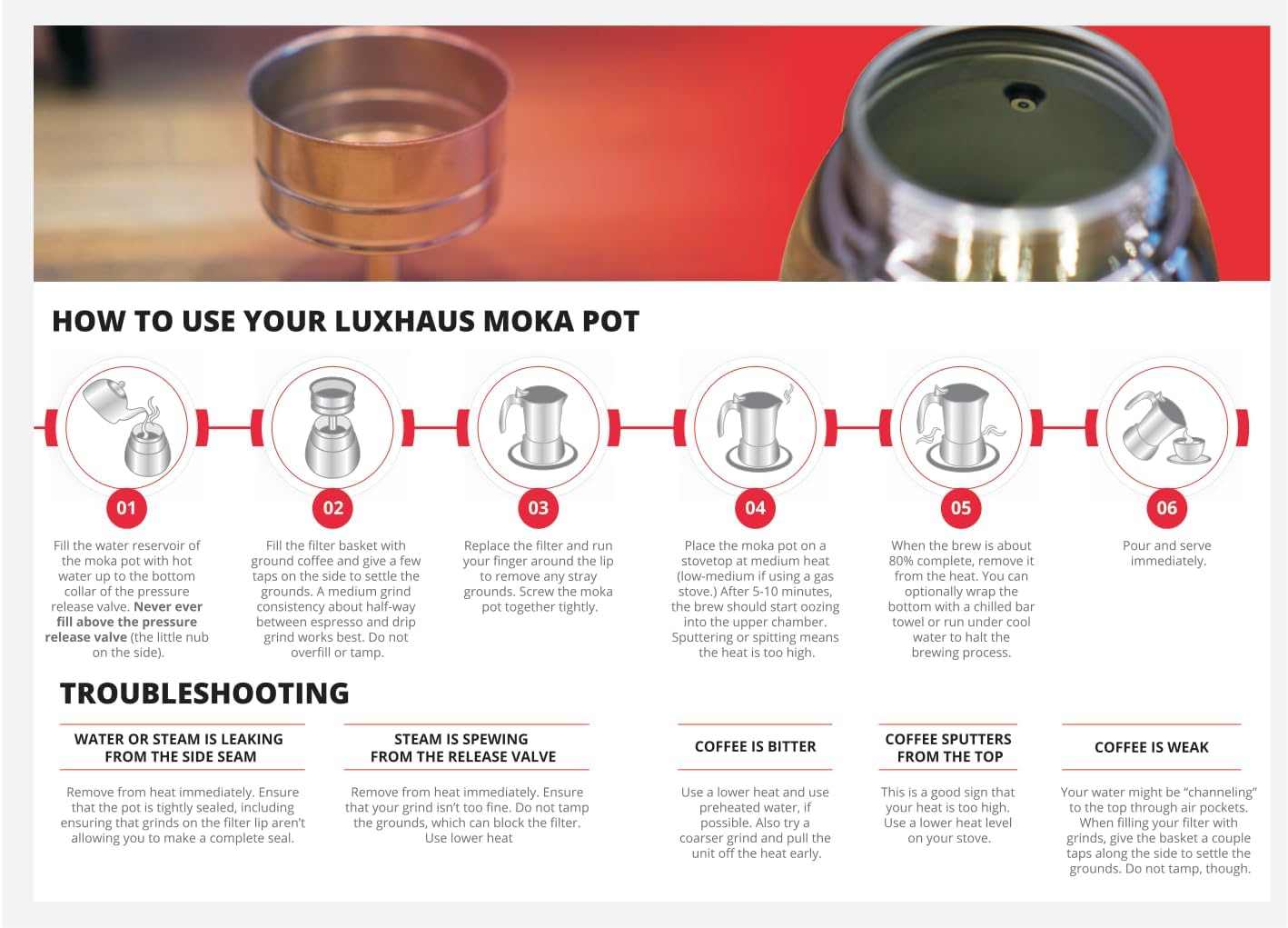 LuxHaus 3 Cup Moka Pot (2oz each cup - 6oz total) Stovetop Espresso Maker - Stainless Steel Italian and Cuban Mocha Coffee Maker