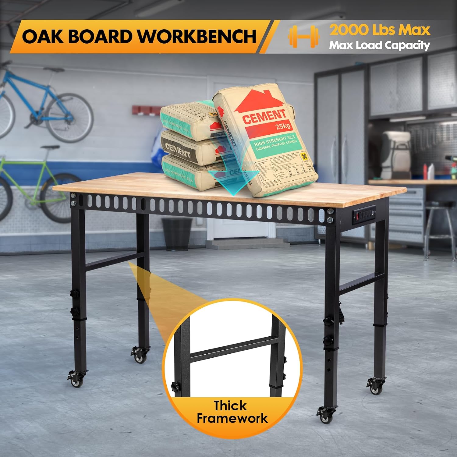 48" Adjustable Workbench, Work Table with Wheels and Power Outlet | 2000LBS Load Capacity Rubber Wood Top Workstation, Heavy-Duty Craft Table for Garage Workshop