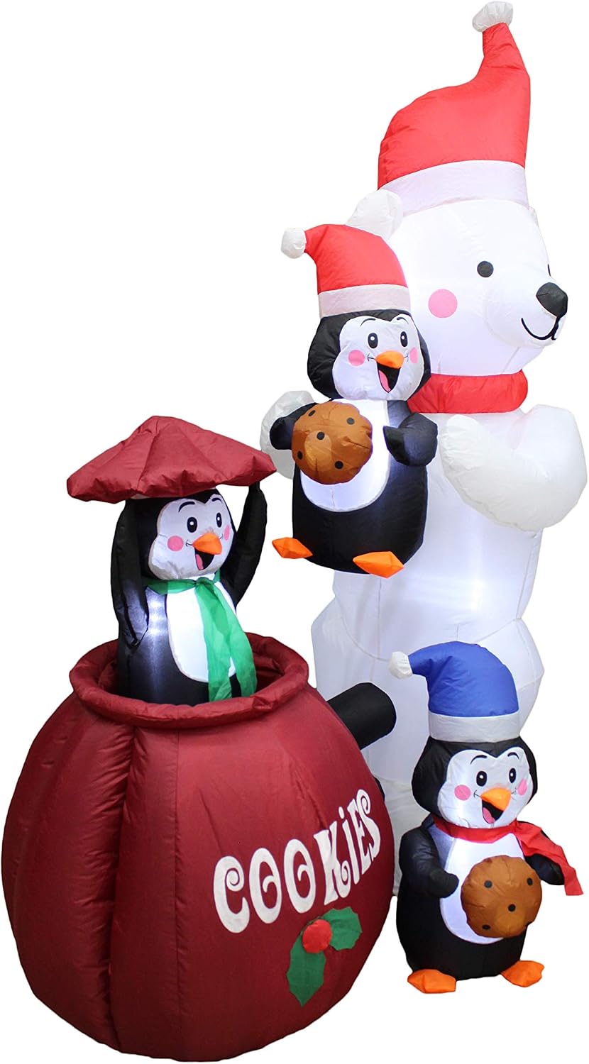 6 Foot Tall Animated Christmas Inflatable Polar Bear and Three Penguins