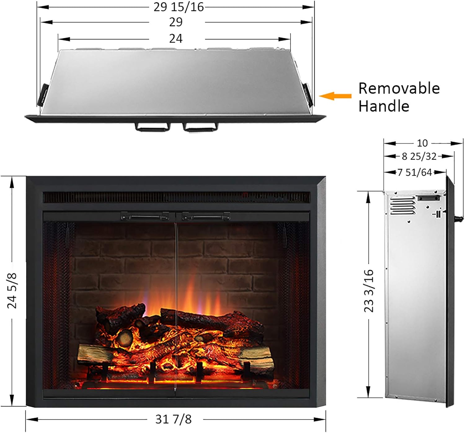 PuraFlame Klaus Electric Fireplace Insert with Fire Crackling Sound, Glass Door and Mesh Screen, 750/1500W, Black, 29 15/16 Inches Wide