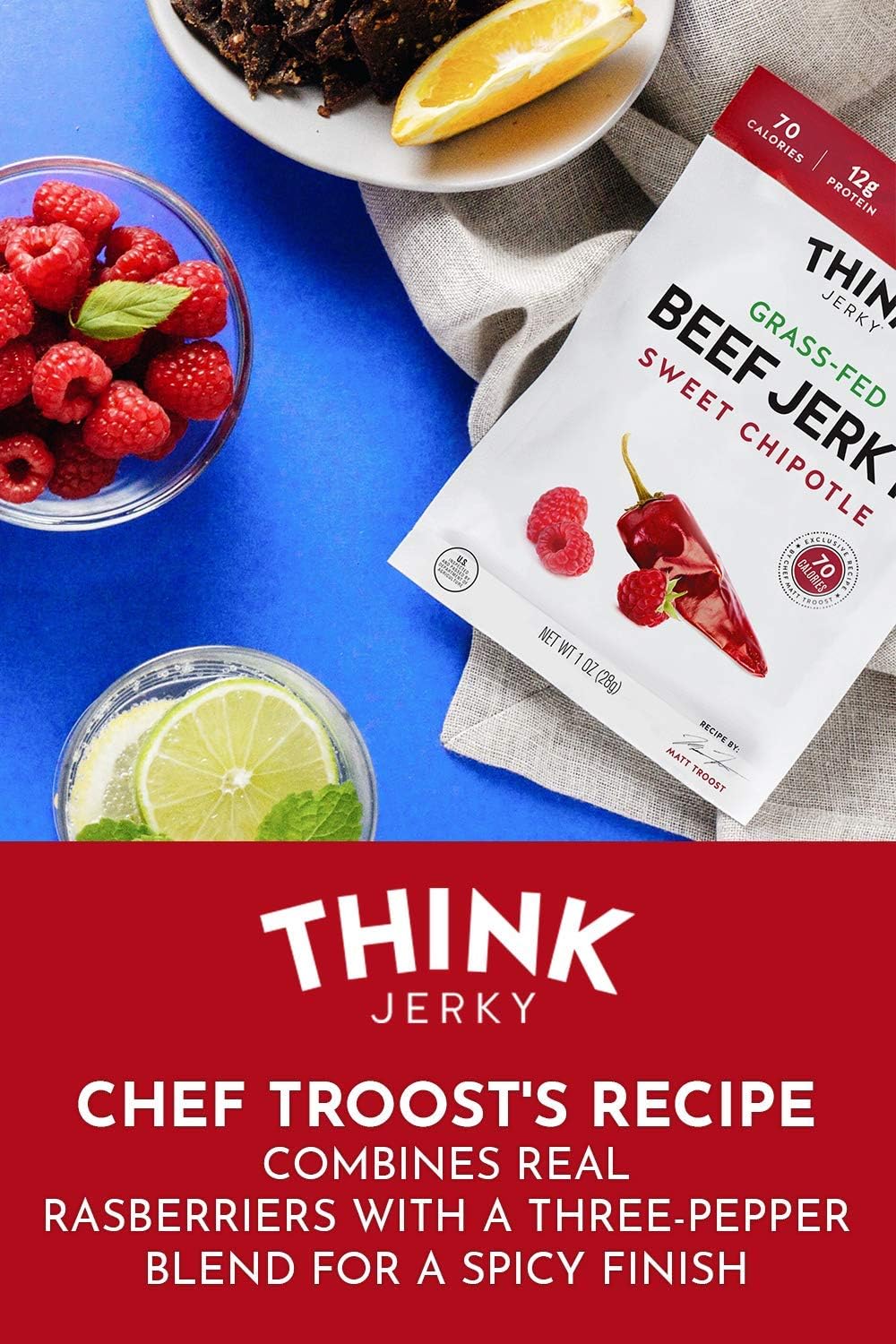 Think Jerky Sesame Teriyaki Beef Jerky, Grass-Fed High Protein Beef Jerky, Gluten Free, No Antibiotics or Nitrates, Healthy Chef Crafted Recipe, Low Calorie and Low Fat - 2.2 oz Bags, 4 Pack