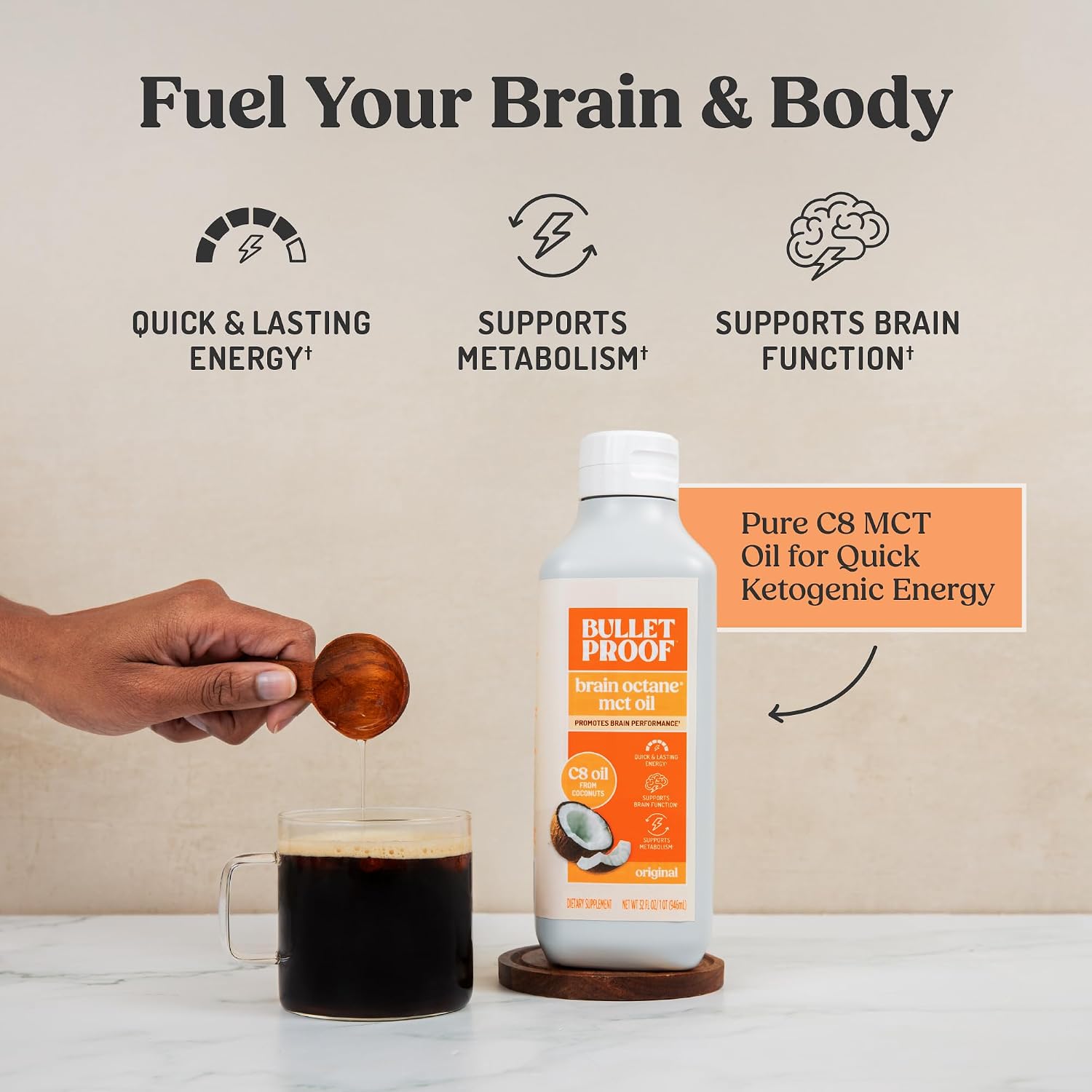 Bulletproof Brain Octane C8 MCT Oil, Non-GMO, 16 oz – 100% C8 from Coconut | 100% Pure Coconut Oil, Triple-Distilled Keto Energy Supplement for Coffee & Smoothies, Unflavored, No Additives, Non-GMO