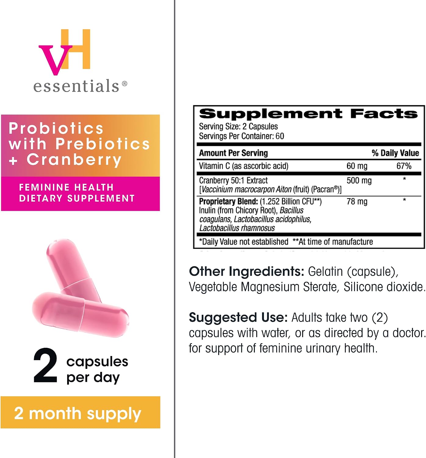 vH essentials Probiotics for Women with Prebiotics and Cranberry, 60 Ct | Feminine Health Dietary Supplement, Probiotics Support Gut Balance, Urinary Tract Health for Women, 30 Day Supply