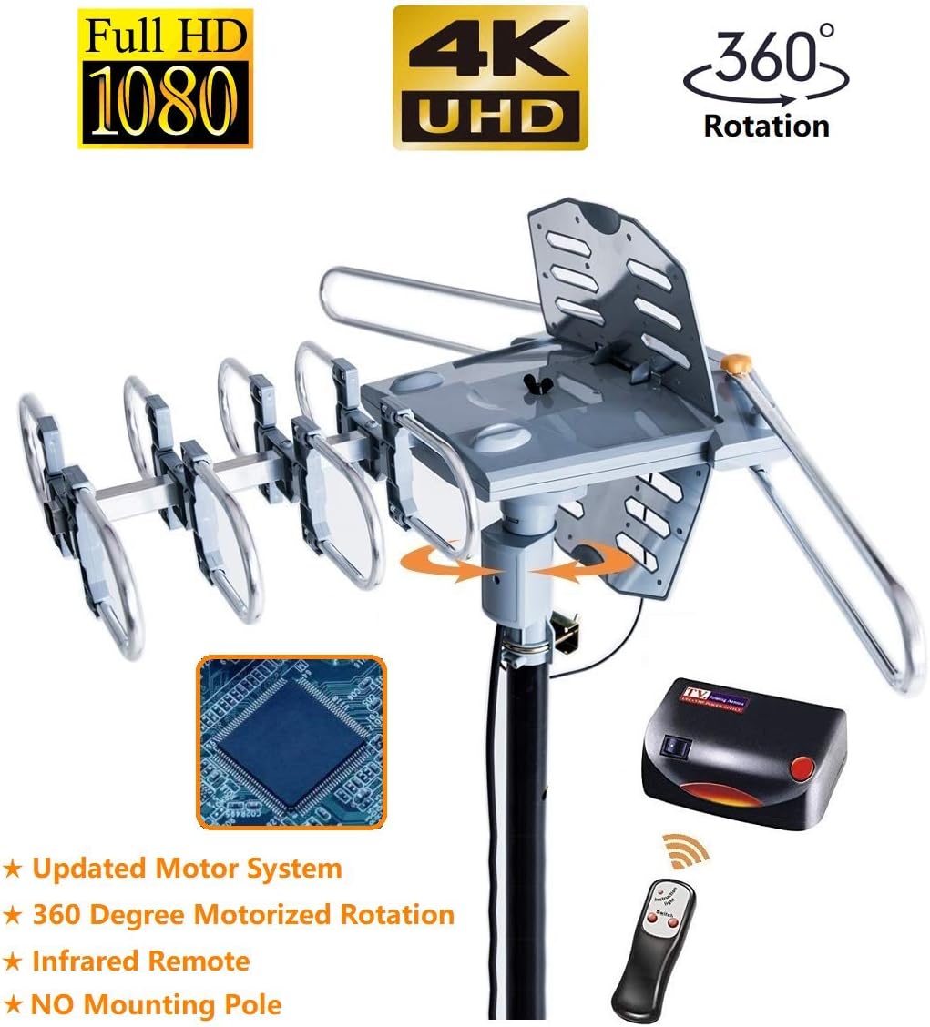 Amplified Digital Outdoor HDTV Antenna 150 Miles Long Range - 360 Degree Rotation Infrared Control - Tools Free Installation - Support 2 TVs
