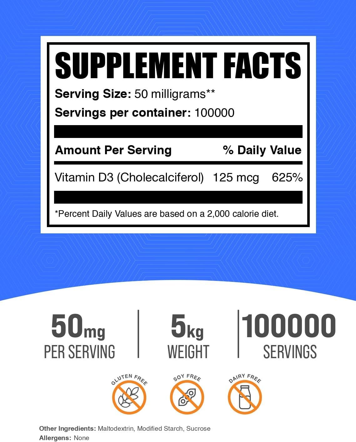 BulkSupplements.com Vitamin D3 Powder - Cholecalciferol, Vitamin D Supplements, 5000 IU - Gluten Free, 50mg (125mcg of Vitamin D3) per Serving, 250g (8.8 oz) (Pack of 1)