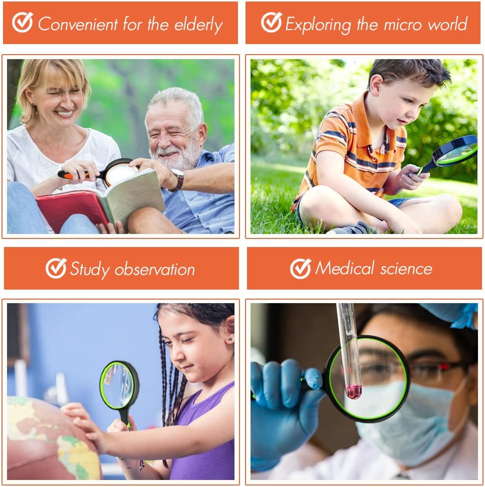 Leffis 3 Pack Magnifying Glass, 10X Reading Magnifier for Kids and Seniors