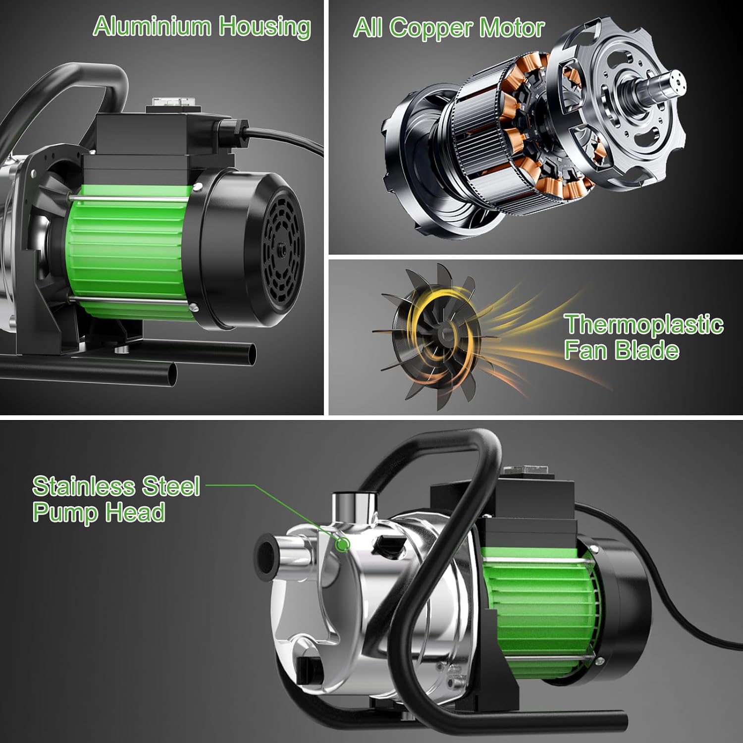 Water Transfer Pump 110V Shallow Well Pump 1.6HP Electric Portable Garden Pressure Booster Pumps for Sprinkler Irrigation Lawn with Adapters, Green