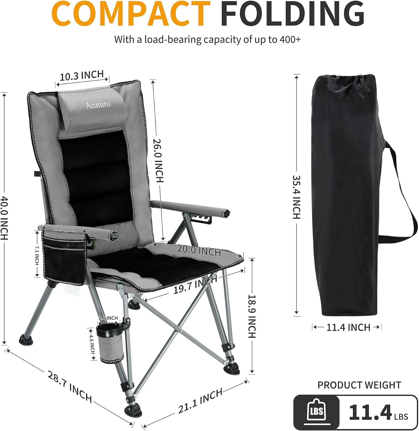 Adjustable Back Folding Camping Chair for Camp, Picnic, Lawn, Fishing | Adjustable Back; Weight Capacity 400 LBS;Hard Arm Portable Chair;Cup Holder;Storage Bag;carrying bag