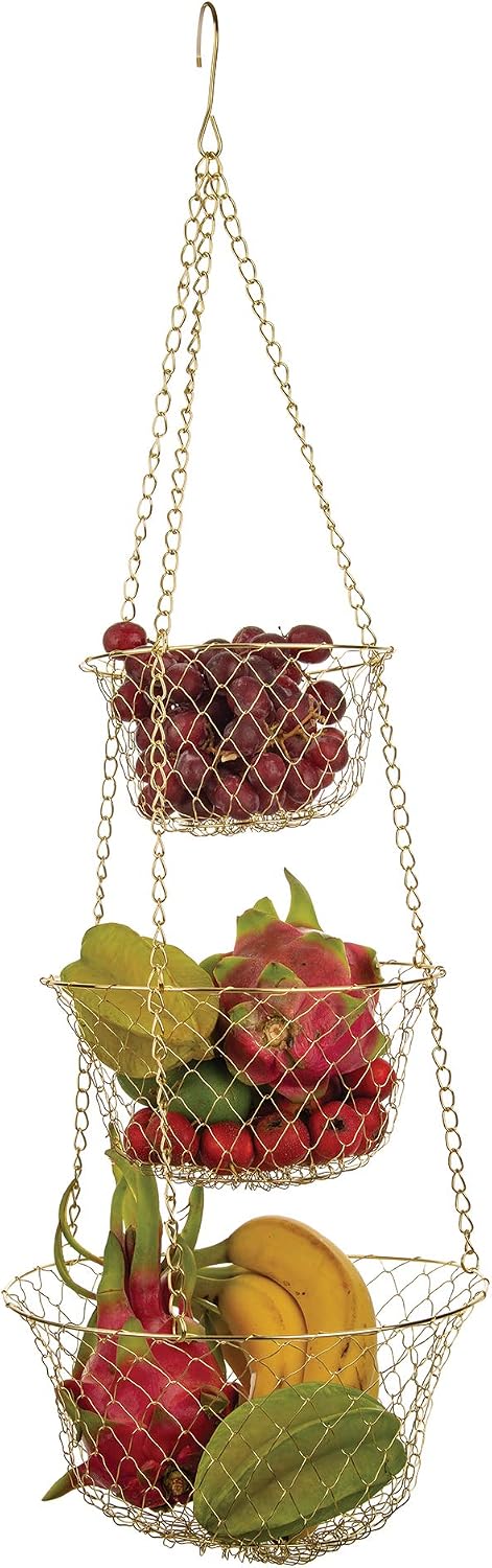 Fox Run 3-Tier Copper Kitchen Hanging Fruit Baskets For Kitchen, 32 Inches | Easily Store & Display Fruit & Vegetables | 3 Tiers Of Baskets For Organization | Beautiful Copper Hanging Kitchen Baskets
