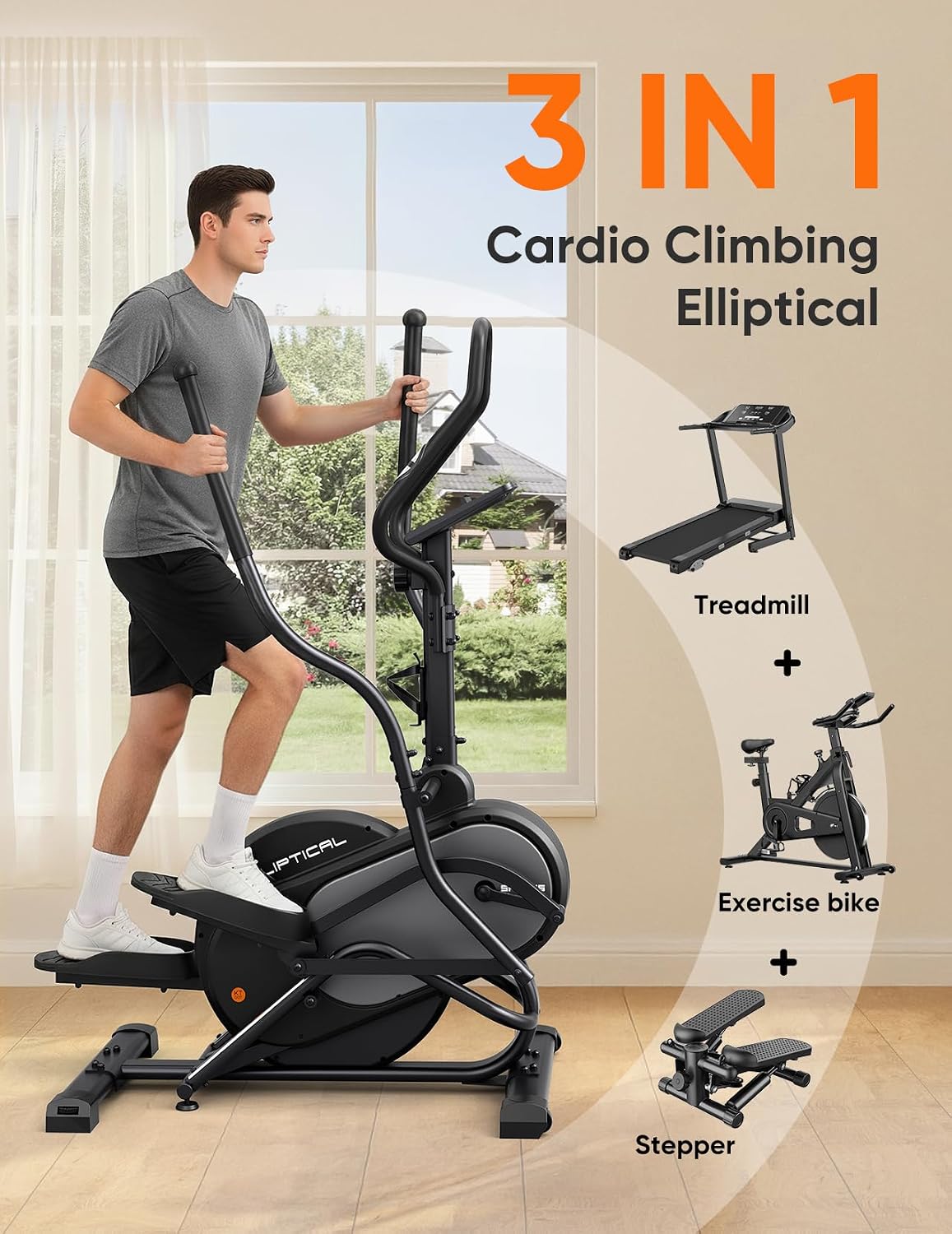 Dripex Elliptical Exercise Machine, 3-in-1 Cardio Climber Stepper Elliptical Machine for Home, Elliptical Training Machines with 16-Level Resistance