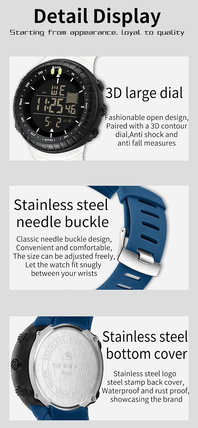 Gosasa Men Sport Watch Countdown Stopwatch Watch Mens Wrist Watch Waterproof LED Electronic Digital Male Watch 12/24 Hour Multifunctional Watch