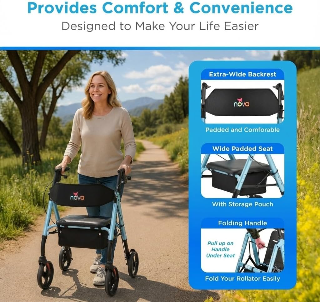 NOVA Star 8 Foldable Rollator Walker for Seniors (5'3"–6'2"), Wide Padded Backrest with Seat, 8” All-Terrain Wheels, Easy-Grip Locking Hand Brakes, Height Adjustable, Sky Blue