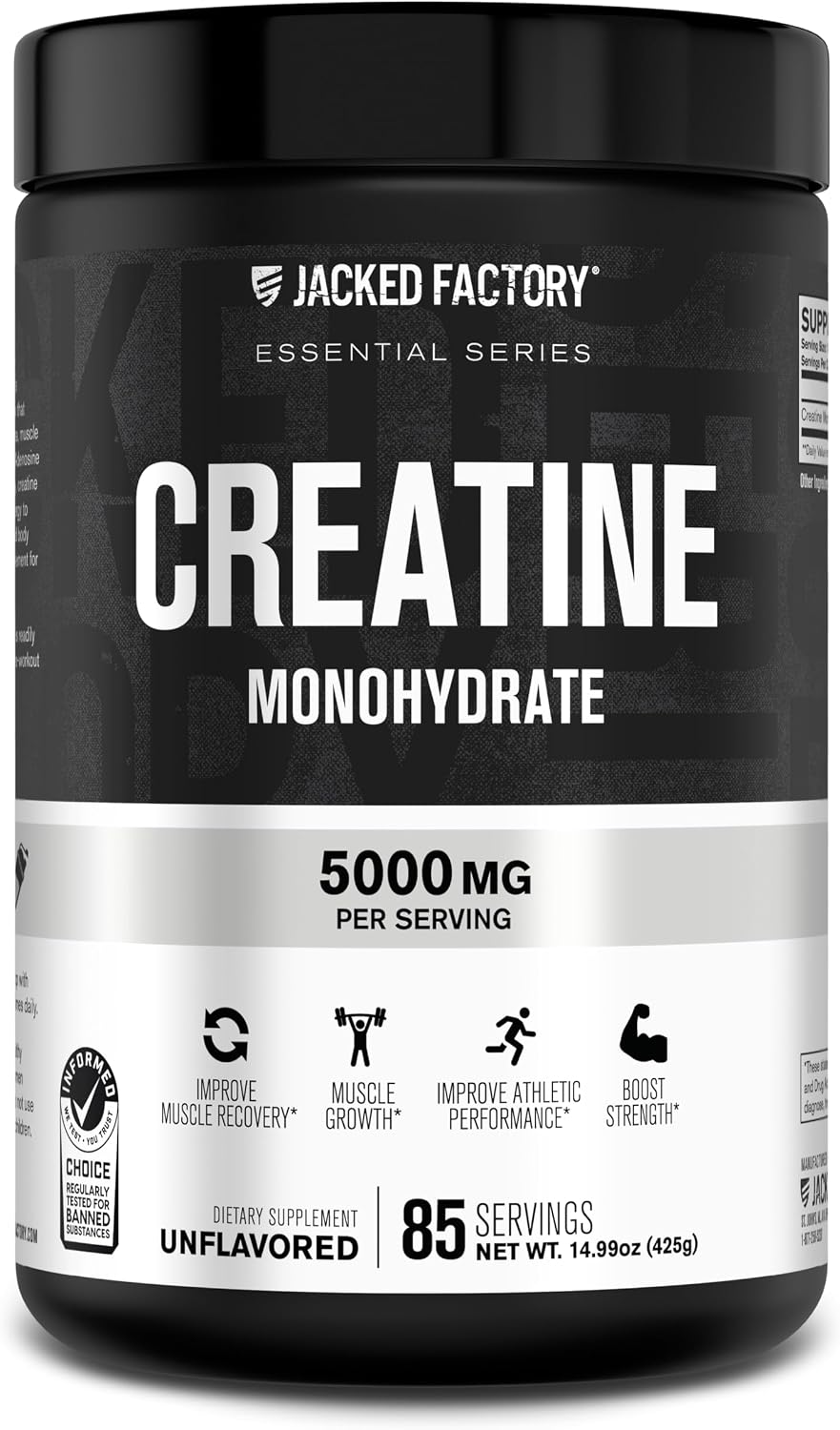 Jacked Factory Creatine Monohydrate Powder 425g - 5g Daily Micronized Creatine Monohydrate for Men and Women, Vegan-Friendly