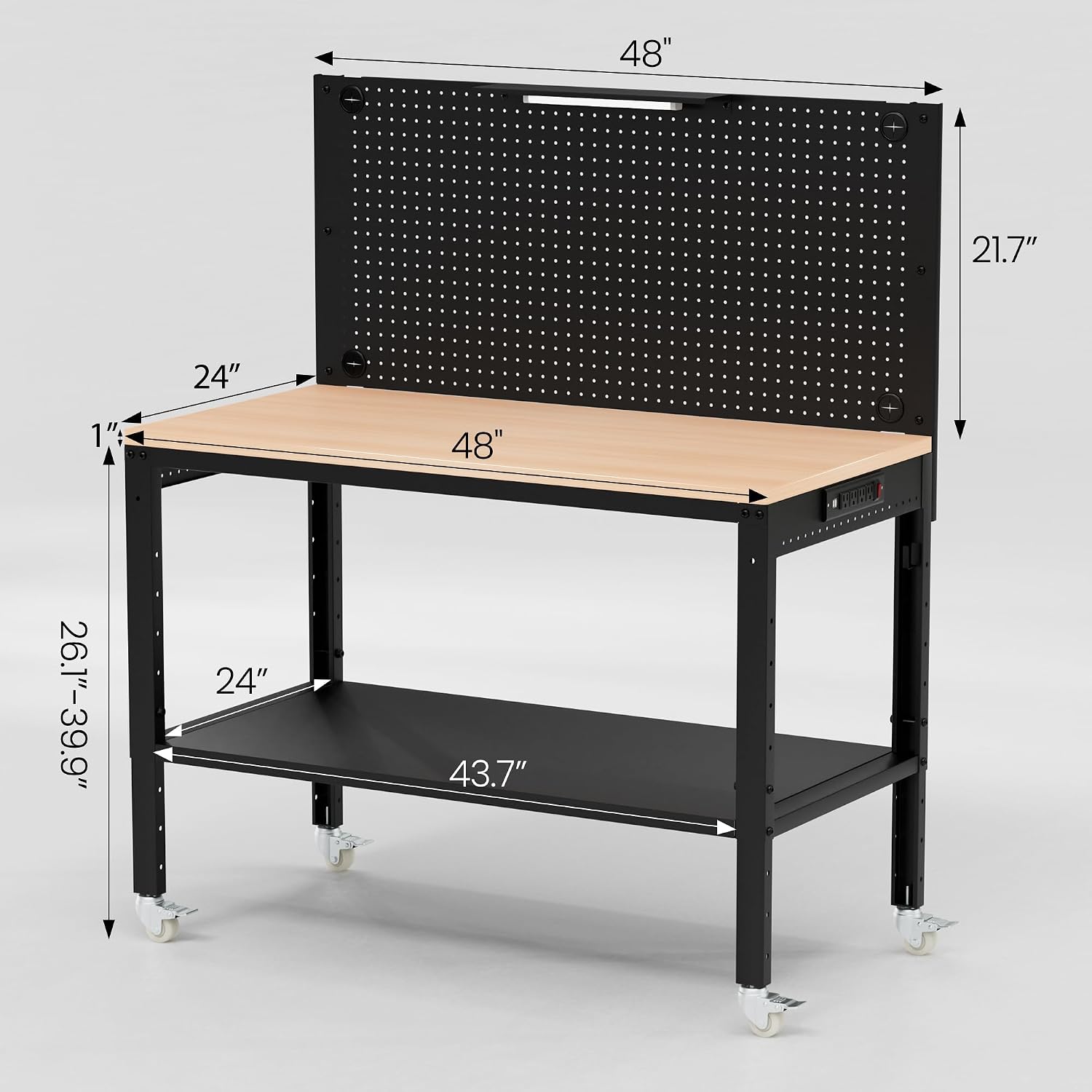 Antifir 60" Adjustable Workbench, Heavy Duty Wood Workstation | Garage Workbench, 2000 LBS Load Capacity, Work Table with Power Outlet and Foot Pads for Commercial, Workshop, Office, Home