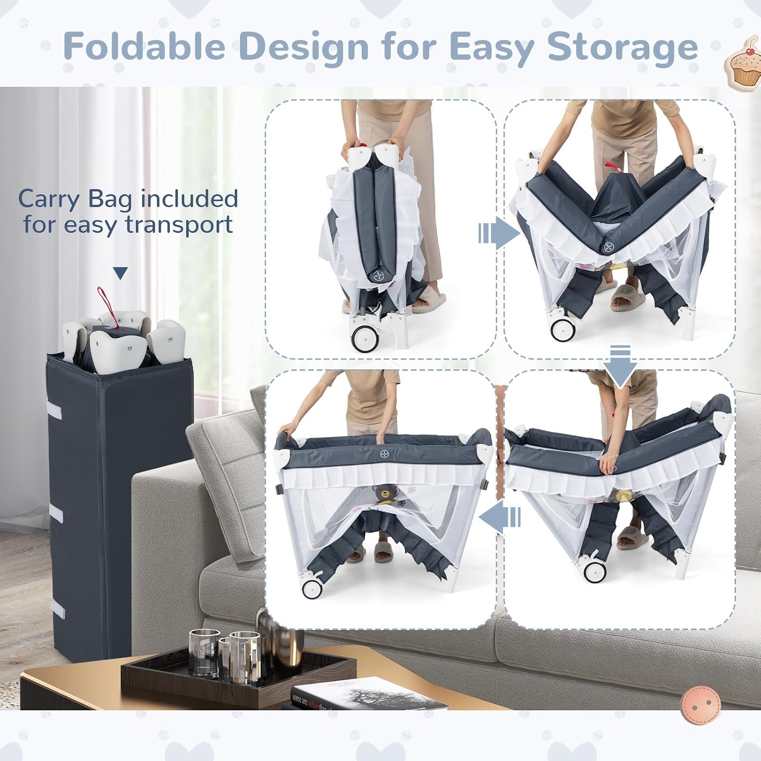 HONEY JOY 4-in-1 Pack and Play with Canopy, Portable Baby Playard w/Changing Table and Infant Bassinet Cute Toys & Music