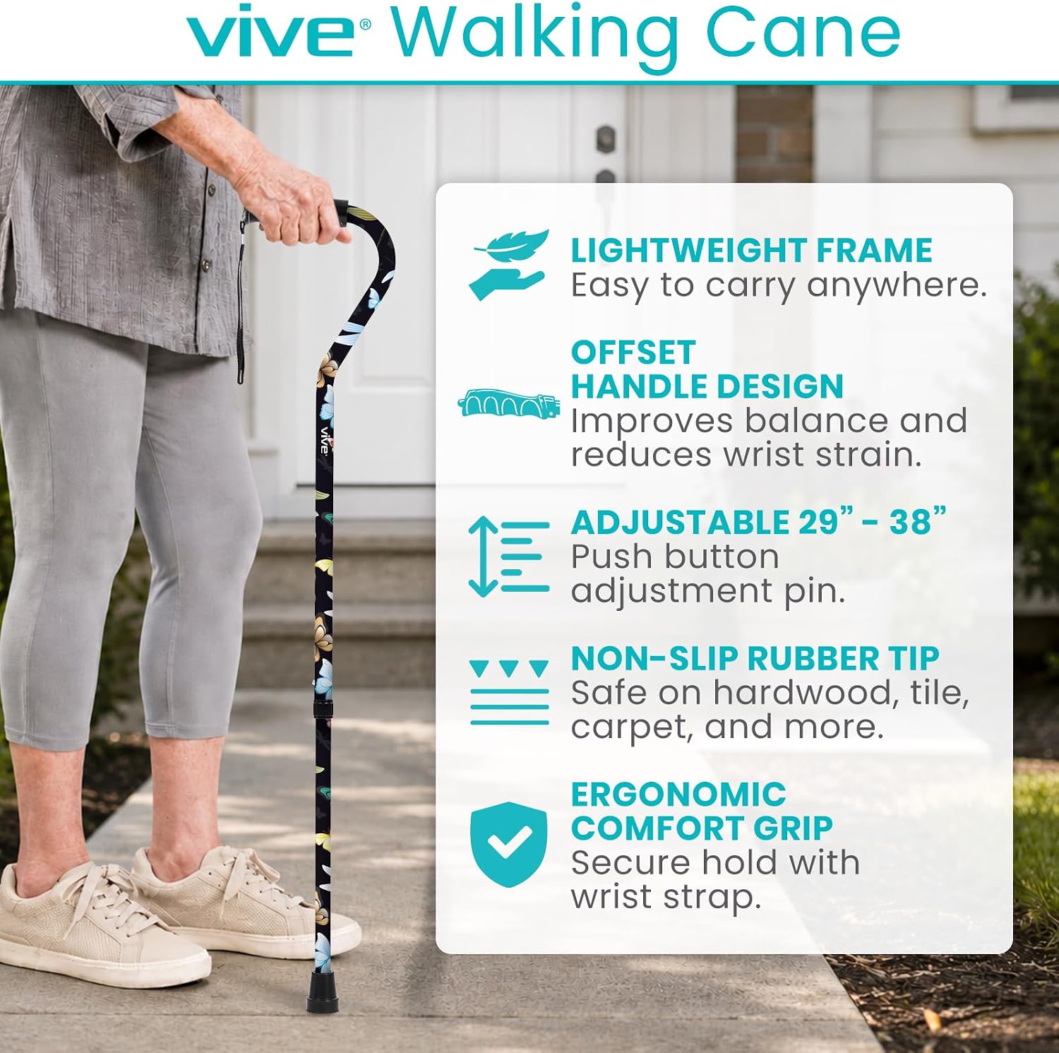 Vive Walking Cane for Women, Men, Elderly - Patented Offset Grip - Lightweight Adjustable Walking Aid with a Non-Slip Tip - Sturdy Balancing Mobility Aid for Seniors