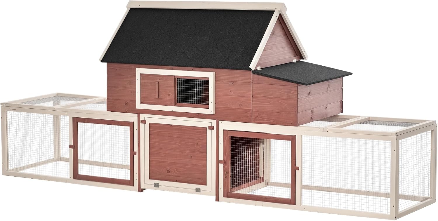 PawHut 114" Chicken Coop Wooden, Customizable Outdoor Chicken Cage Poultry Hen House with Nesting Box, Double Runs, Asphalt Roof, Ramp